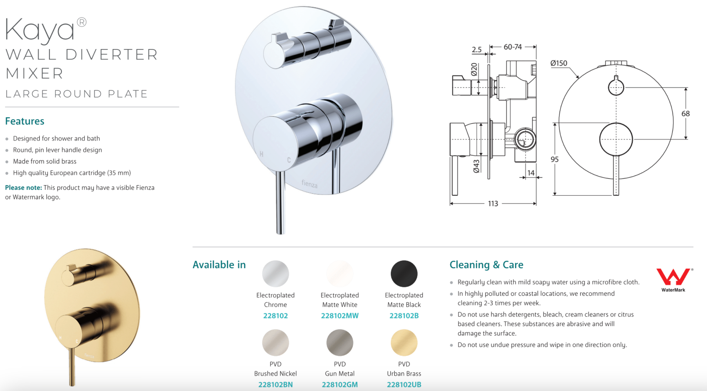 Fienza 228102MW Kaya Large Round Plate Wall Diverter Mixer, Matte White - Modern Bathroom Faucet for Sink, Shower, and Bathtub - Perfect for Home, Hotel, and Spa Renovations