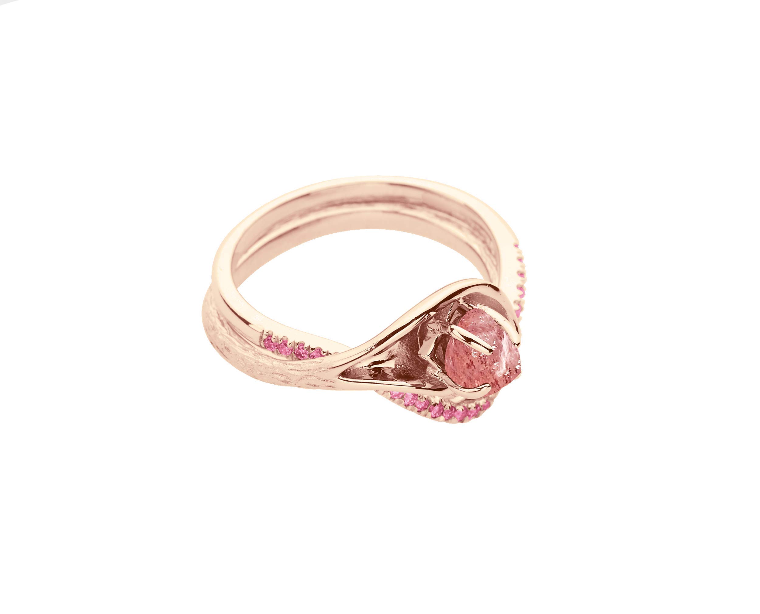 Majade Lily Wedding Ring Set - Raw Rose Quartz Engagement Ring & Pink Sapphire Wedding Band Bridal Set in 14K Gold | Handmade Twig Wood Texture, Nature-Inspired Floral Matching Rings for Brides, Anniversaries & Romantic Gifts
