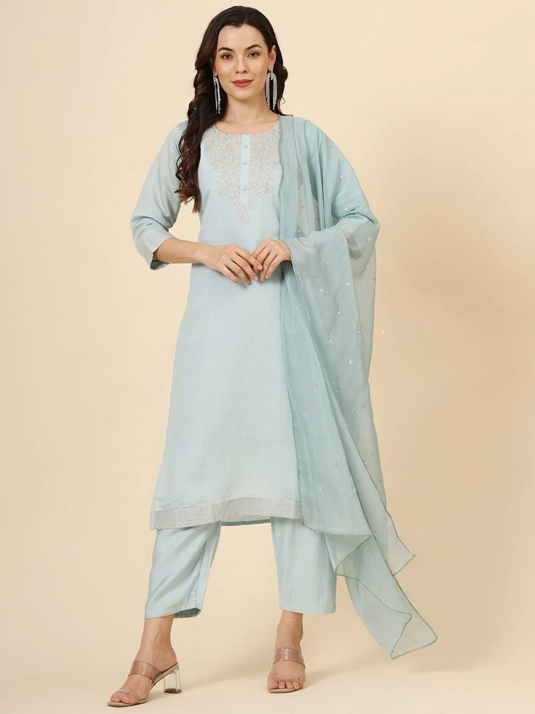 Elegant Aqua Blue Embroidered Pant Suit for Women - Stylish Formal Wear for Office, Parties & Special Occasions
