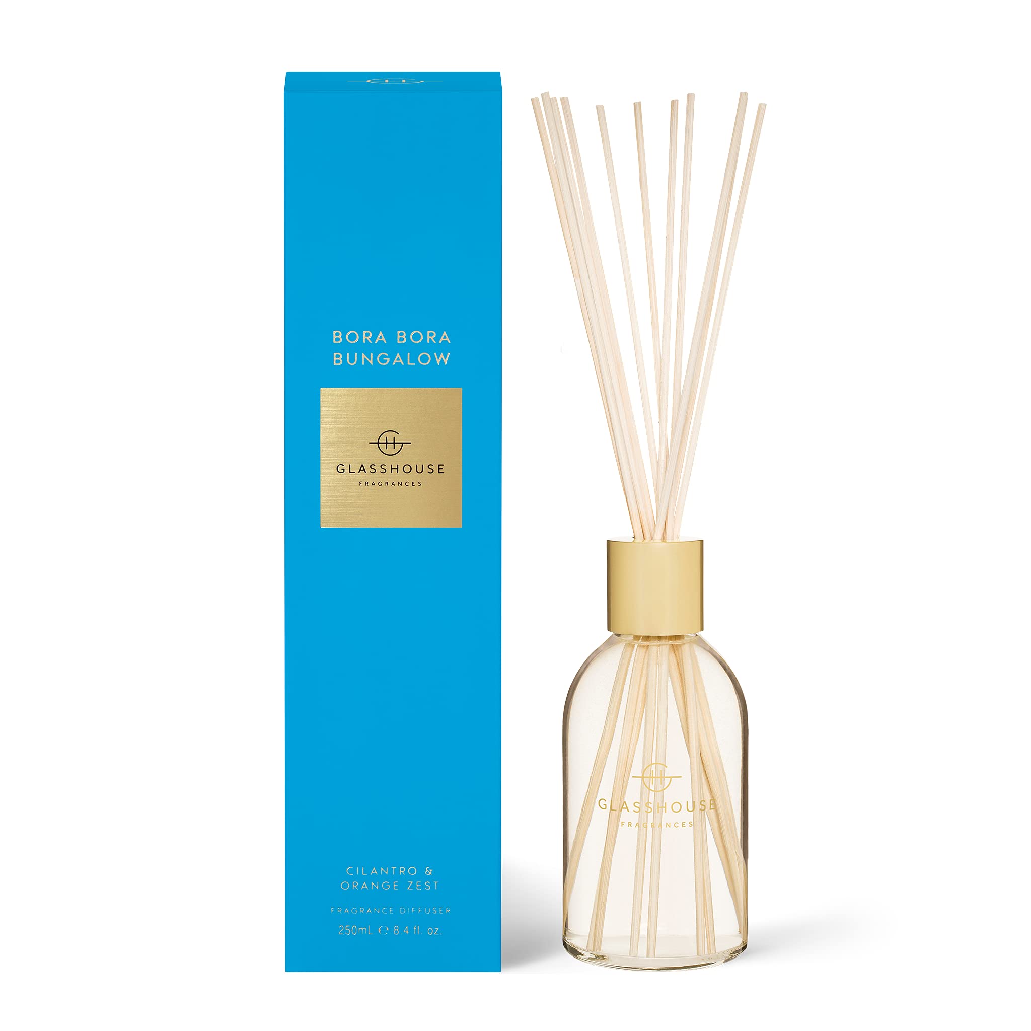 Glasshouse Fragrances Bora Bora Bungalow Reed Diffuser - Natural Cilantro & Orange Zest Scented Home Decor, Oil-Free Air Freshener for Living Room, Bedroom, Bathroom & Office (8.5 Oz/250mL)