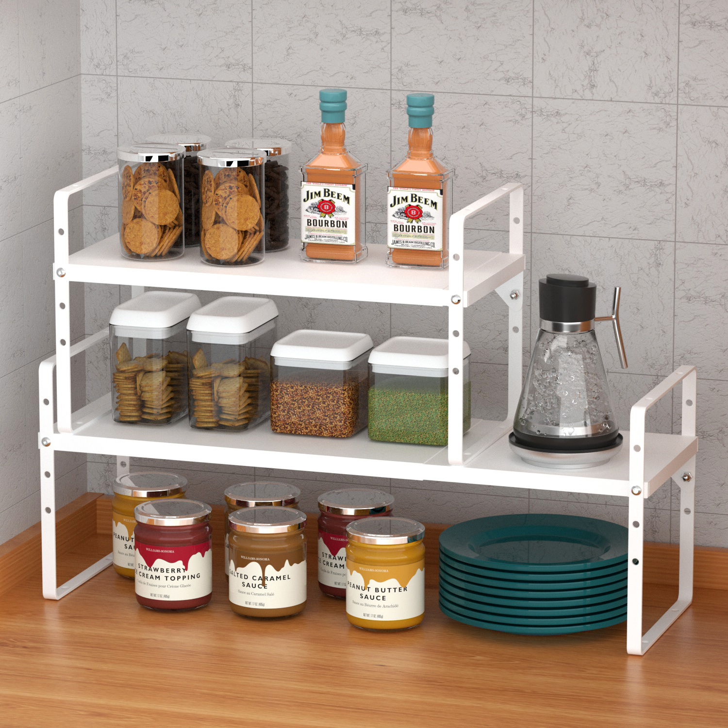 Expandable Kitchen Cabinet Shelf Organizers 2 Pack - Stackable Metal Pantry Storage Rack, Adjustable Counter Shelf for Cabinets & Countertops - Space Saving Cupboard Organizers for Spices, Cans & Kitchen Supplies (White) - Perfect for Small Kitchens & Pantry Organization