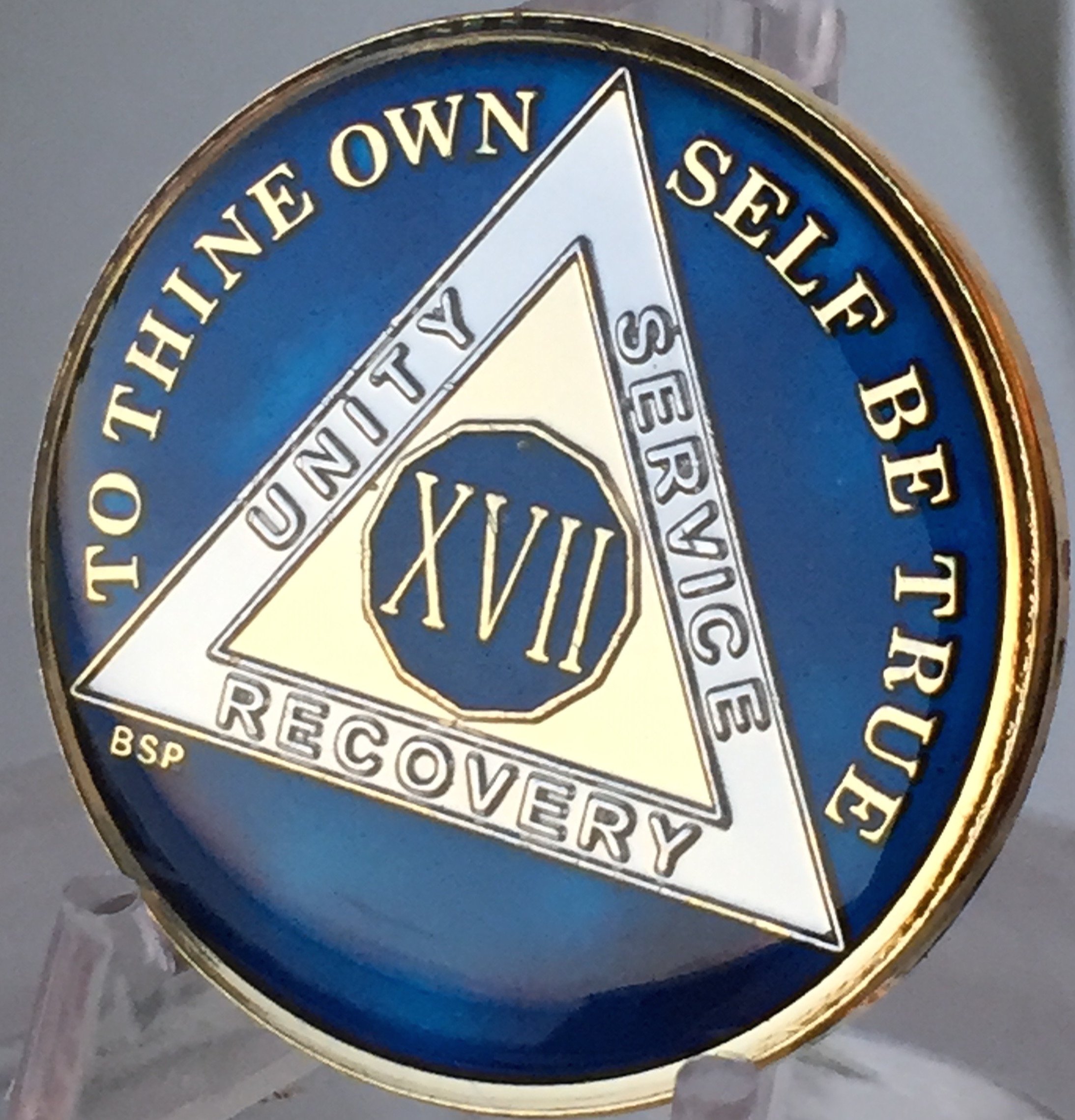 17 Year Midnight Blue AA Alcoholics Anonymous Medallion Chip - Tri Plate Gold & Nickel Plated - Sobriety Gift for Recovery Milestones & AA Meetings
