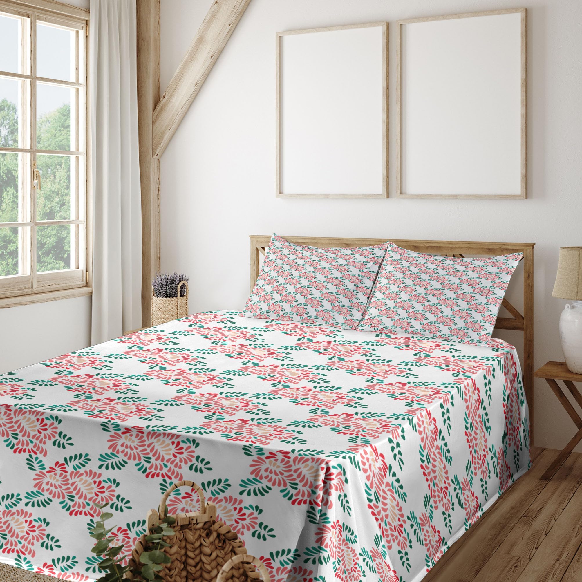 Ambesonne Floral Sheet Set - King Size 4-Piece Bedding with Delicate Pastel Peonies Design, Coral Teal Fitted & Flat Sheets + Pillowcases | Perfect for Spring Bedroom Decor, Guest Room Makeover & Cozy Home Styling
