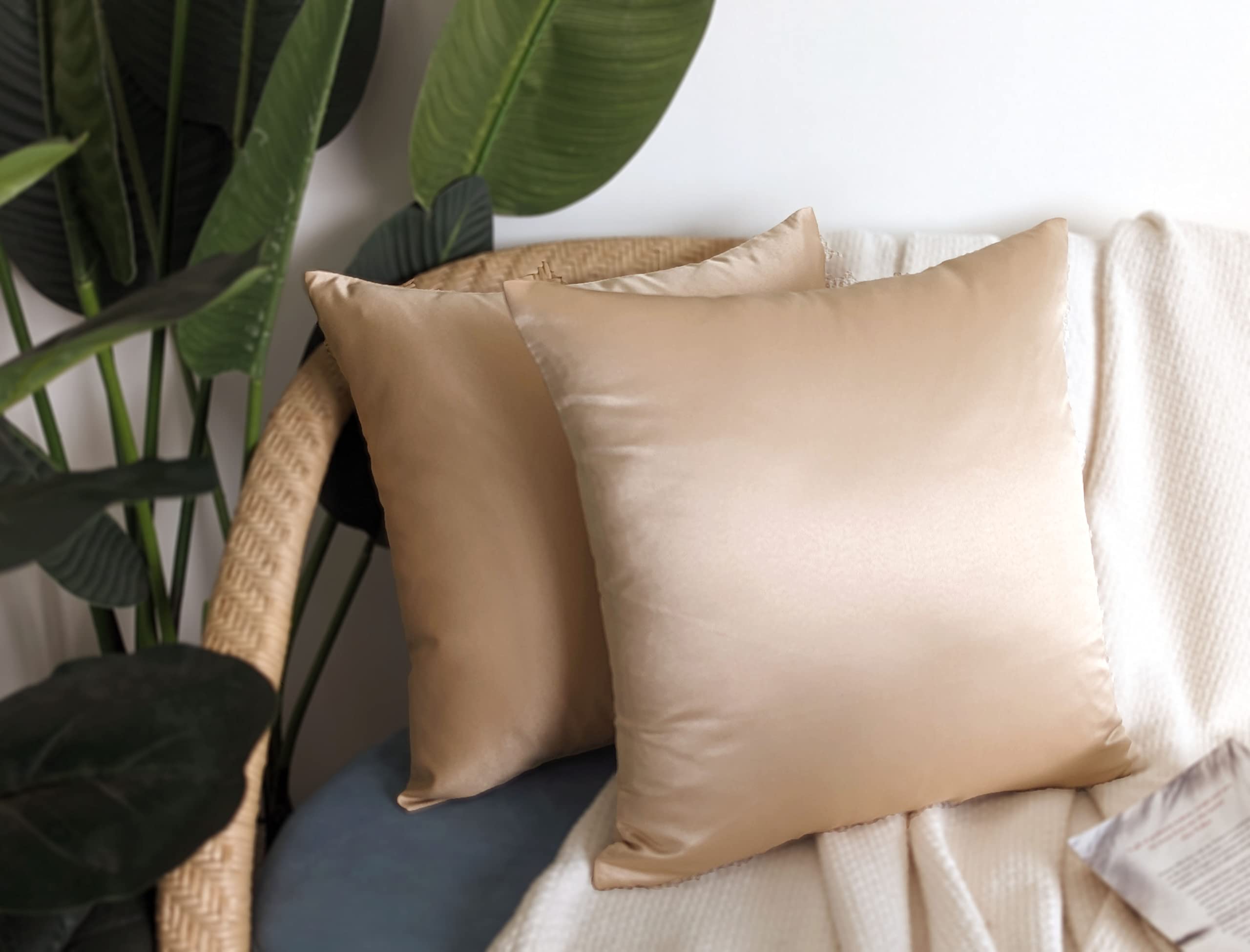 Premium Satin Throw Pillow Covers Set of 2 - 18x18 Inch Luxury Decorative Pillow Cases with Hidden Zipper & Lining - Soft Faux Silk Couch Bed Sofa Car Pillow Covers in Nude - Perfect for Living Room, Bedroom & Home Decor