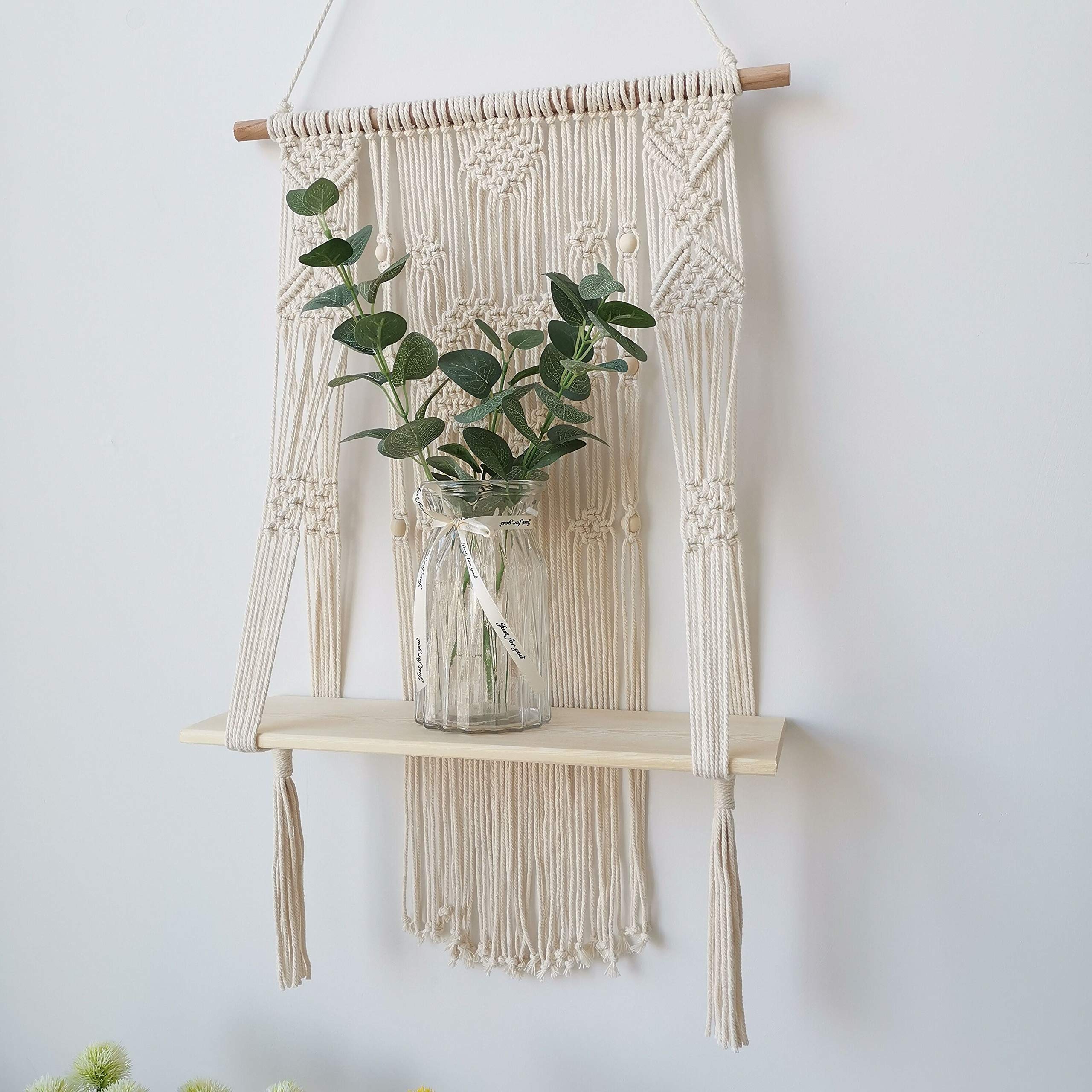 Bohemian Macrame Wall Hanging Shelf with Wood Floating Storage - Handmade Heart Design Home Decor for Living Room, Bedroom & Bathroom Organization