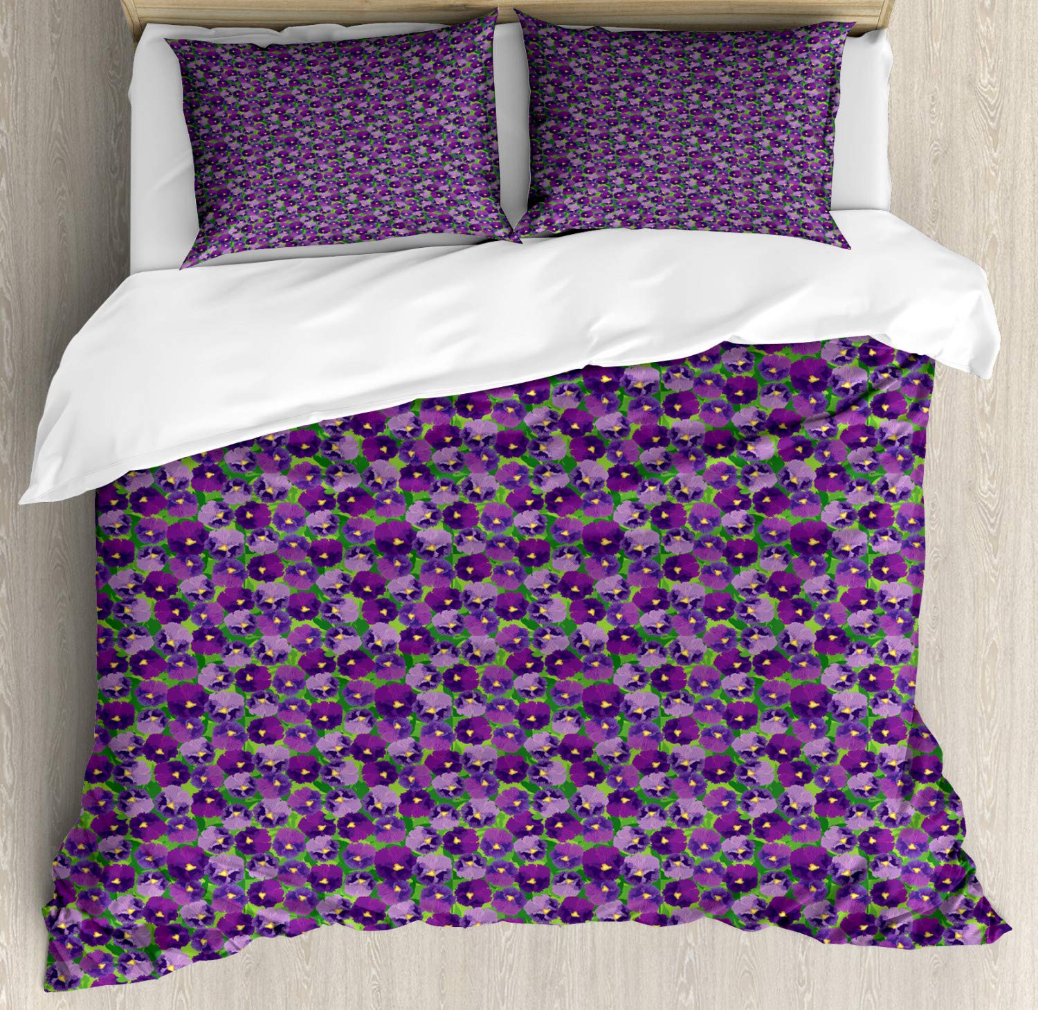 Ambesonne Botanical Duvet Cover Set - King Size 3-Piece Bedding with Pansy Floral Design in Violet Jade Green | Includes Duvet Cover + 2 Pillow Shams | Perfect for Spring Bedroom Decor, Guest Room Makeover & Nature-Inspired Home Styling