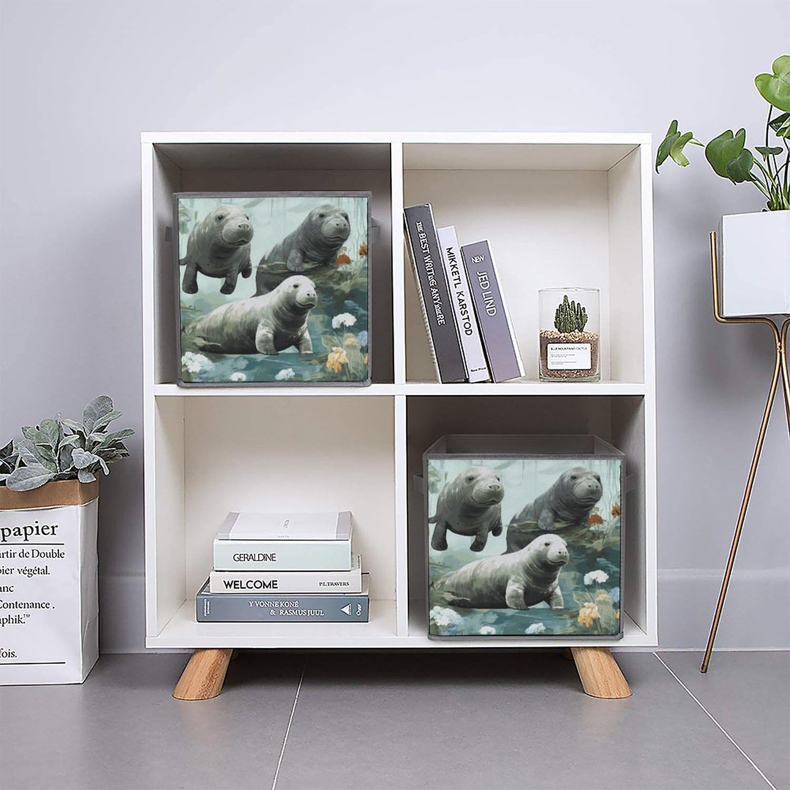 6-Piece Collapsible Storage Bins with Handles - Cute Rabbit & Manatee Printed Foldable Organizing Baskets for Home, Closet, Shelves & Office Storage Solutions | Space-Saving Home Organization for Toys, Books & Clothes