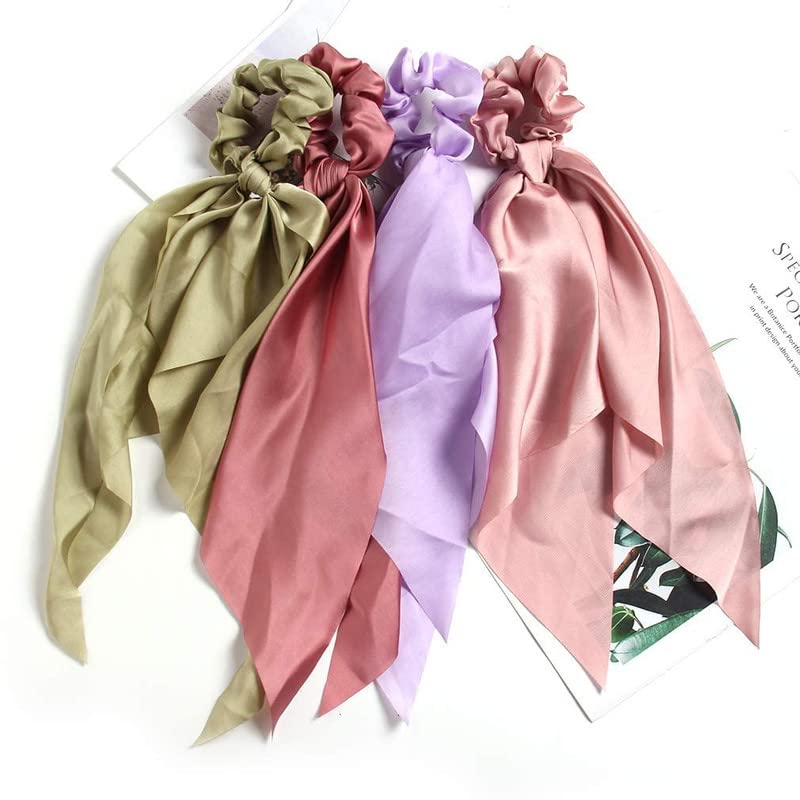 CHRONEX 8-Piece Satin Chiffon Hair Bows Set - Long Tail Elastic Ribbon Headbands, Scarf Scrunchies & Ponytail Holders for Women Girls (Elegant Bowknot Design) - Perfect for Parties, Weddings, School Events & Daily Hair Accessories