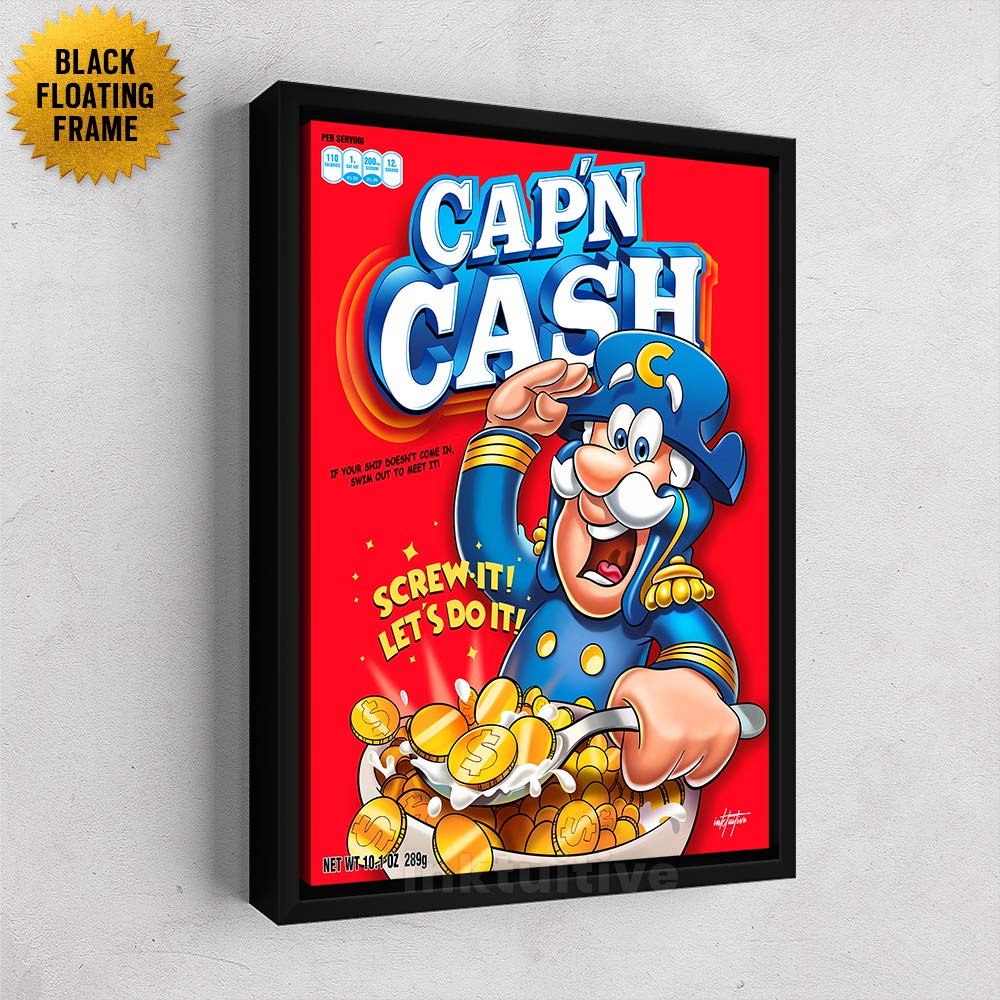 Inktuitive 'Capn Cash’ Motivational Wall Art with Black Frame | Cereal-Inspired Canvas Print | Inspirational Décor for Bedroom, Kitchen, Living Room & Office | 40 x 30 Inches | Perfect for Home, Office & Gifts