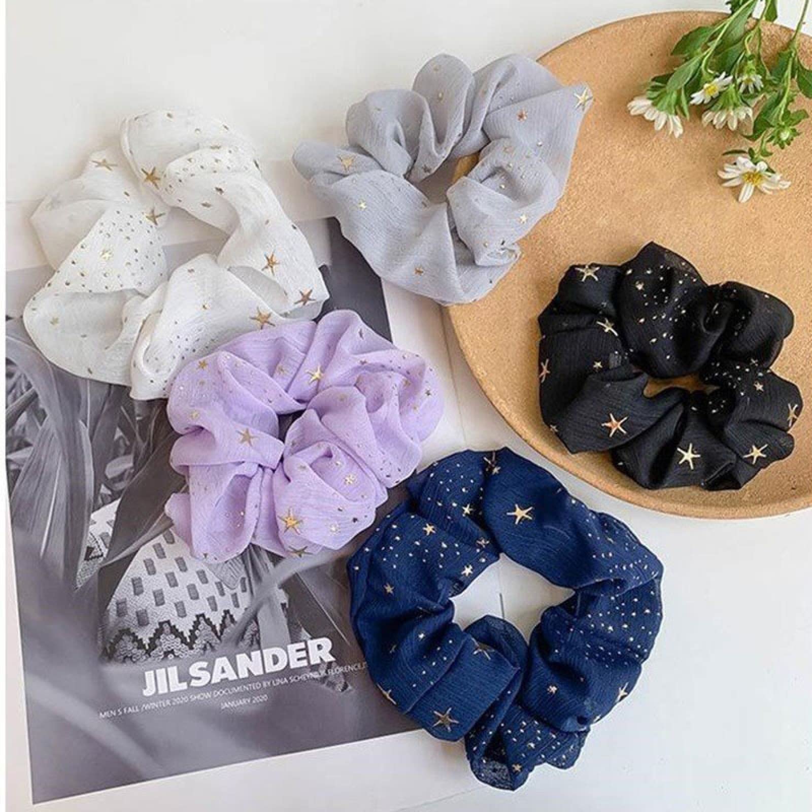 5Pcs Spring Flower Star Hair Ties - Soft Ponytail Holders for Women & Girls, Stretchy Hair Accessories for Daily Use, Workout, Party & School