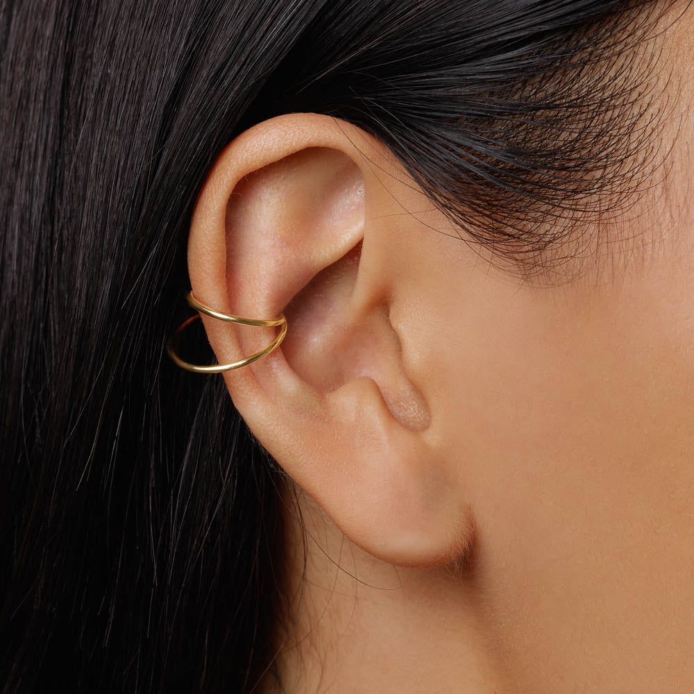 10k Gold Double Band Single Ear Cuff - Elegant Cartilage Earring for Women - Perfect for Parties, Weddings & Everyday Wear