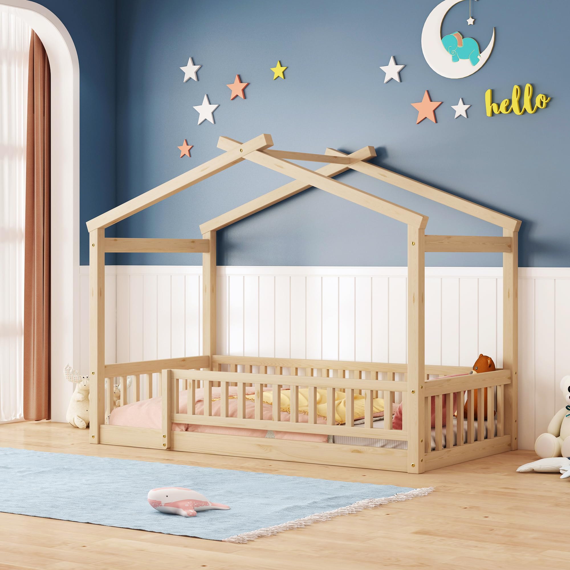 Merax Twin Size Wooden House Bed Frame with Roof & Safety Fence - Sturdy Kids Bed for Boys & Girls, Natural Wood Finish - Perfect for Nursery, Bedroom & Playroom Decor