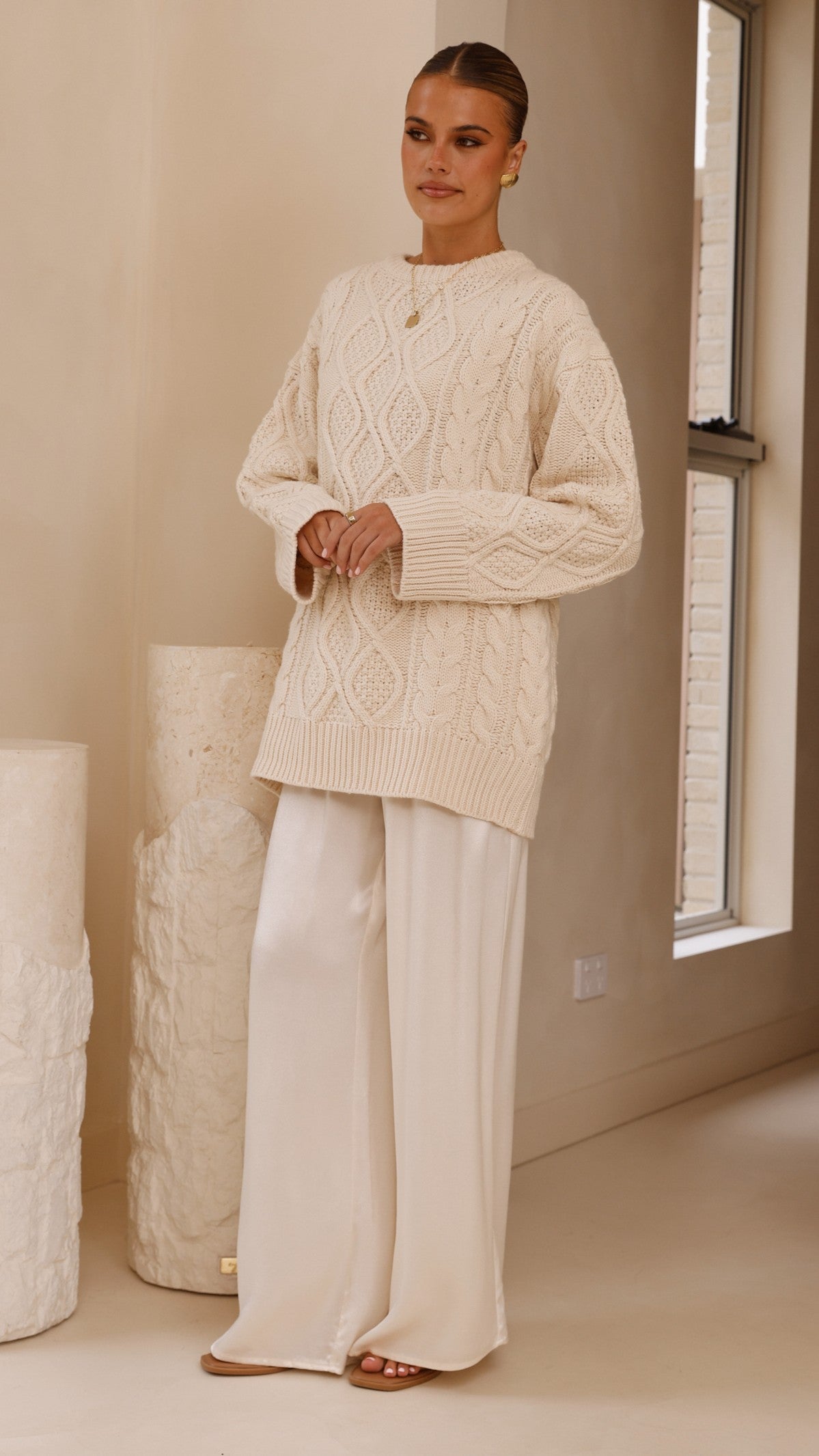 Luna Knit Sweater Women's Soft Cream Pullover - Cozy Winter Casual Wear for Office & Outings
