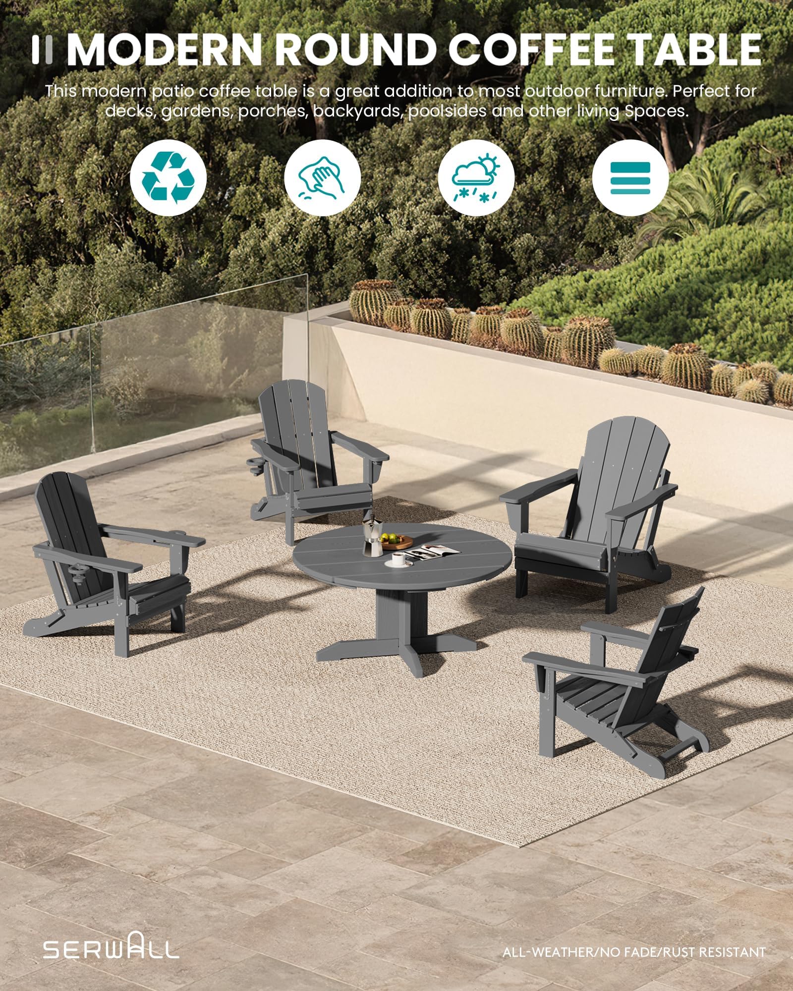 SERWALL Outdoor Round Coffee Table - Weather-Resistant HDPE Patio Table for Balcony, Garden, Backyard - Perfect for Outdoor Entertaining & Relaxation (Grey)