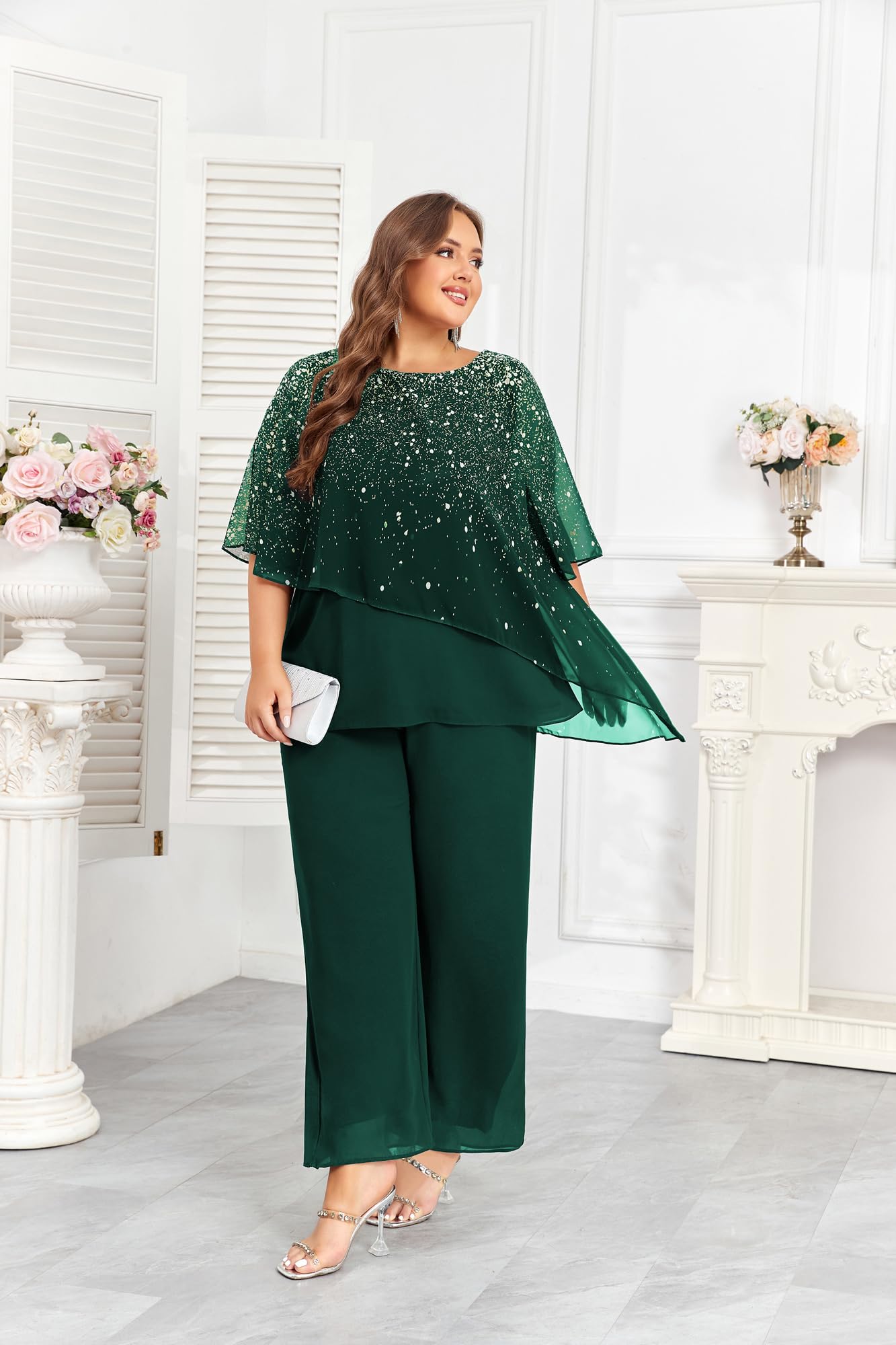 Hanna Nikole 2024 Plus Size Mother of Bride Pant Suits - 2 Piece Ruffle Chiffon Set with Gradient Print for Wedding Guest Outfit - Perfect for Formal Events, Receptions & Special Occasions