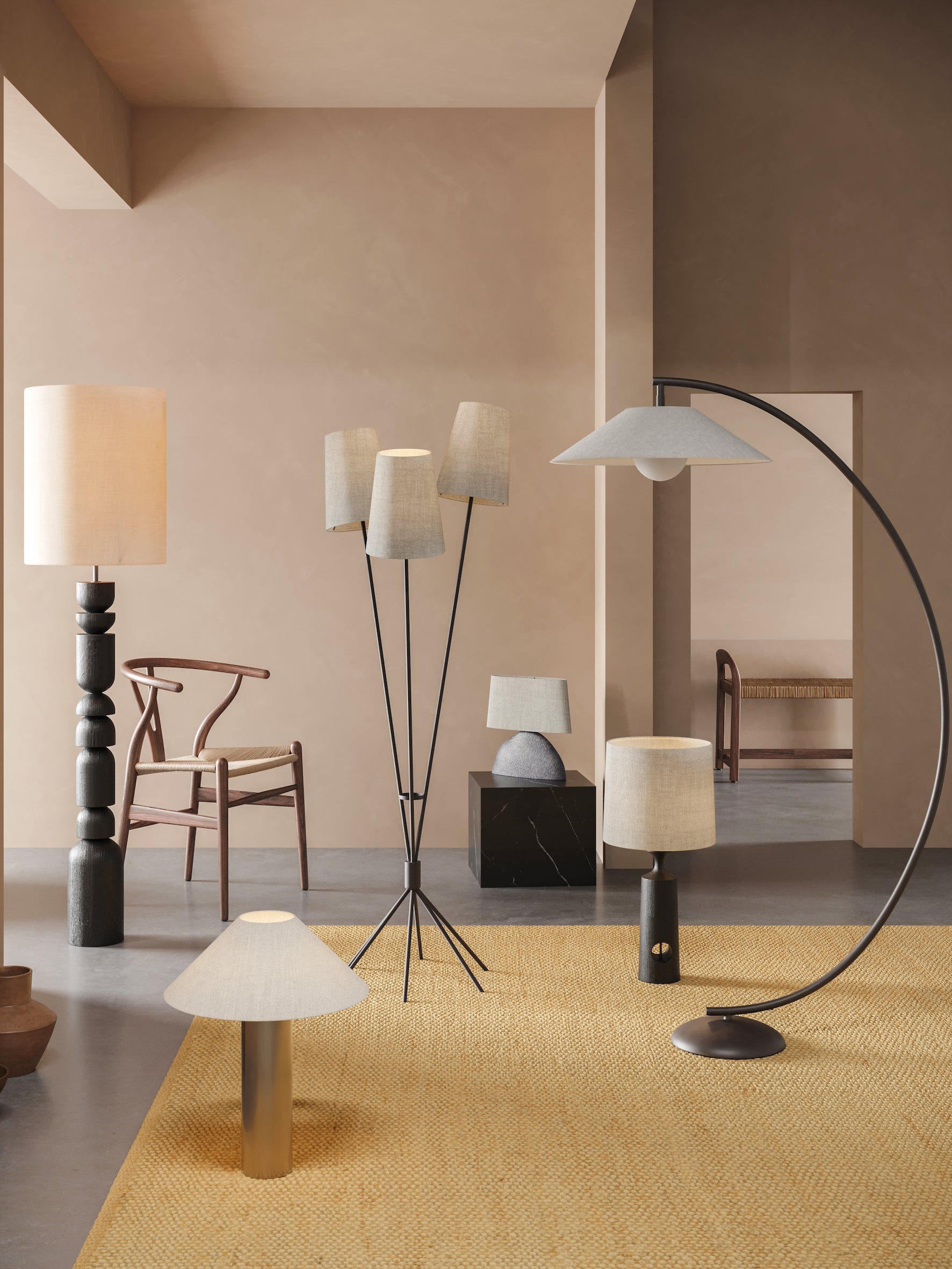 Circo Arc Bronze and Linen Floor Lamp - Modern Adjustable Standing Light for Living Room, Bedroom, or Office Decor