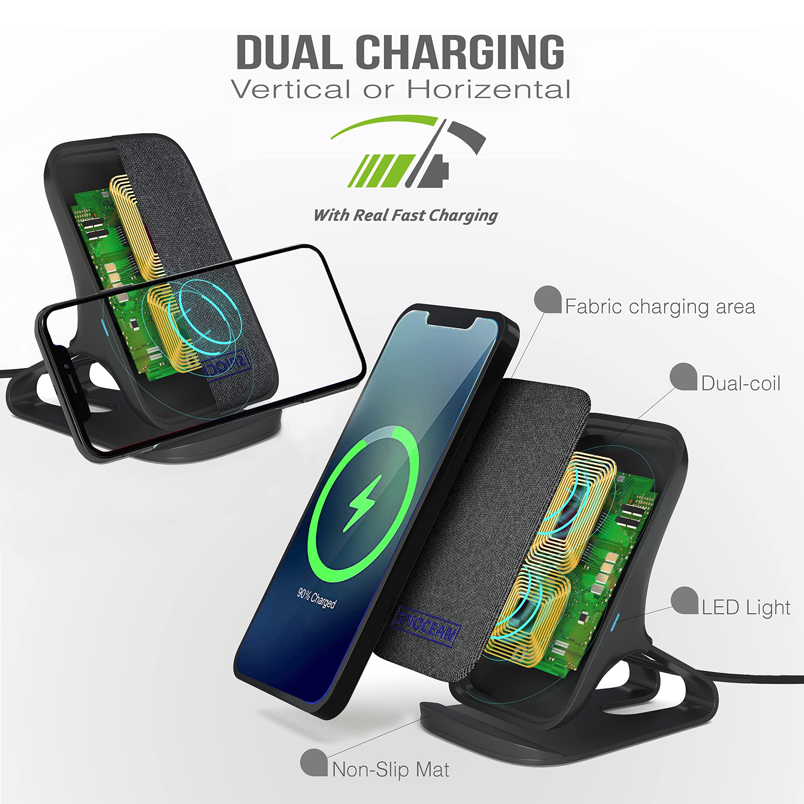 SPIOCEAN Fast Wireless Charger Stand - Qi-Certified 10W Max Charging Pad for iPhone 16/15/14/13/12/11 Pro Max/Mini/SE & Samsung Galaxy S22/S21/S20/S10/S9/Note 20 - Perfect for Bedside, Office & Car Charging (AC Adapter Not Included)