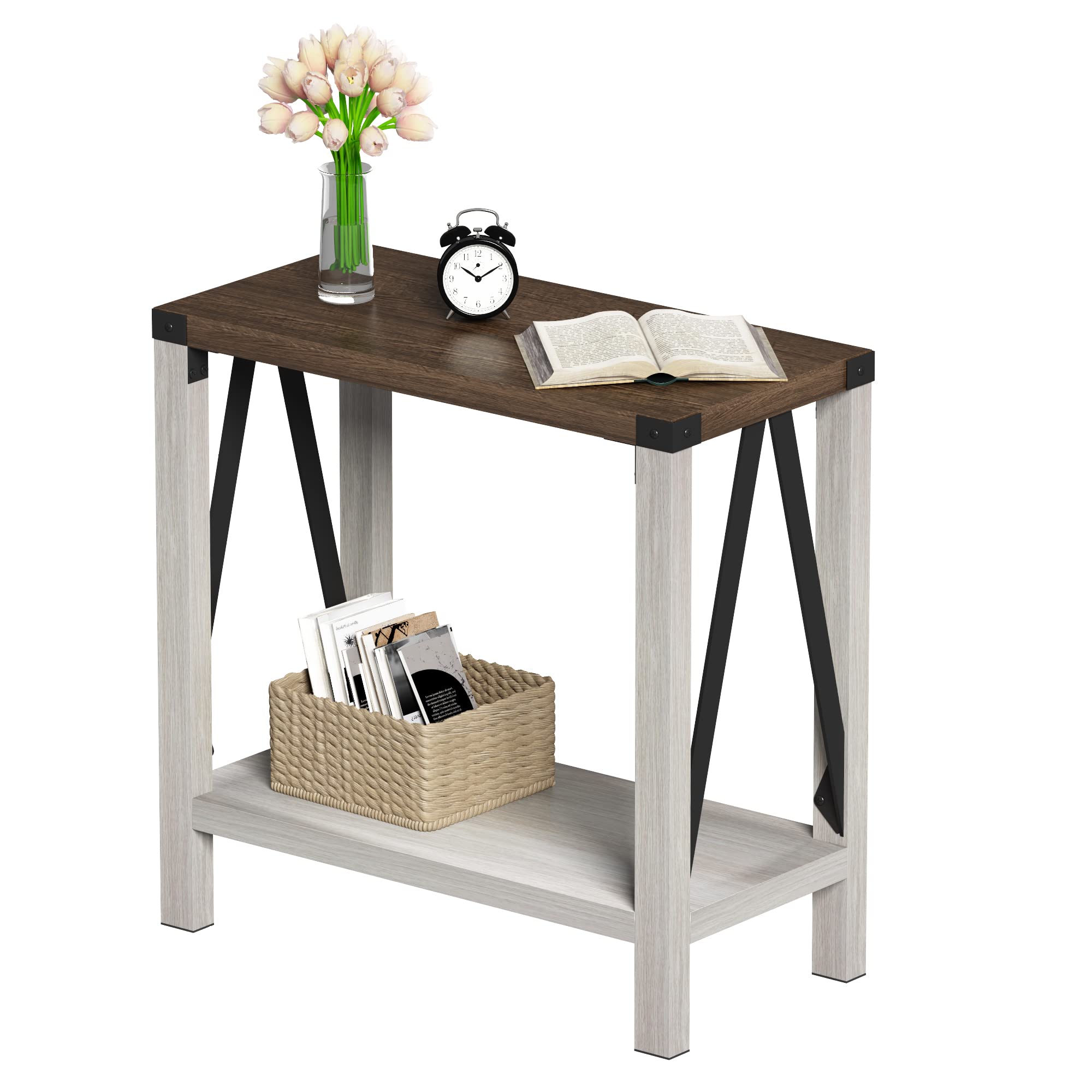 ChooChoo Farmhouse Narrow End Table with Storage Shelf - Rustic A-Design Nightstand for Small Spaces, Sofa Side Table for Living Room & Bedroom (White & Brown) | Perfect for Apartments, Dorms & Cozy Home Decor