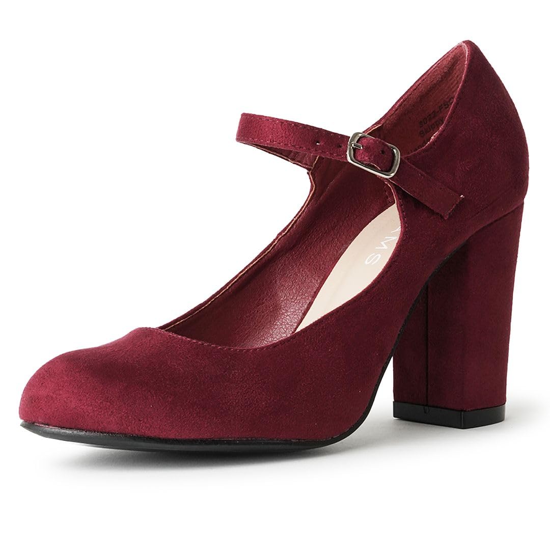 J.Adams Women's Round Toe Chunky High Heel Mary Jane Pumps - Comfortable Dress Shoes for Work, Party & Wedding Occasions