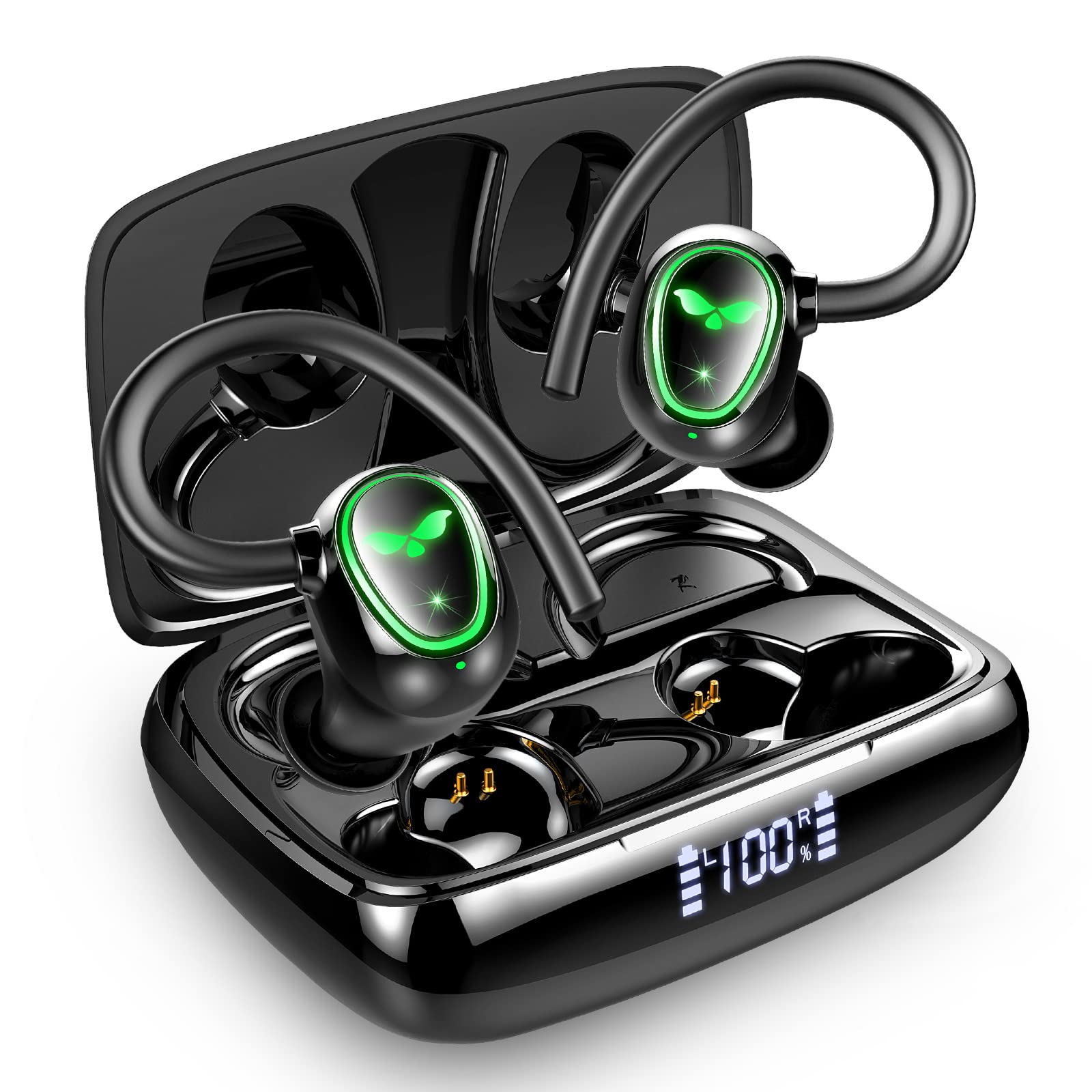 **Wireless Earbuds Bluetooth 5.3 with Dual Mic Noise Cancelling, IP7 Waterproof Sport Earhook Headphones, 48H Playtime & LED Display, USB-C Charging – Perfect for Running, Gym & Travel**
