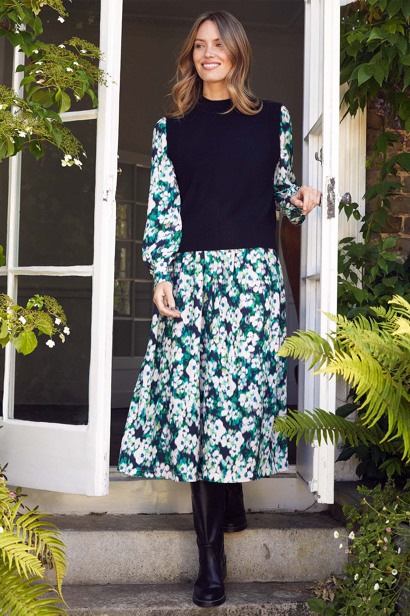 Claudine Floral Print Dress in Navy, Cream & Green - Elegant Women's Summer Dress for Casual Outings, Parties & Beach Vacations
