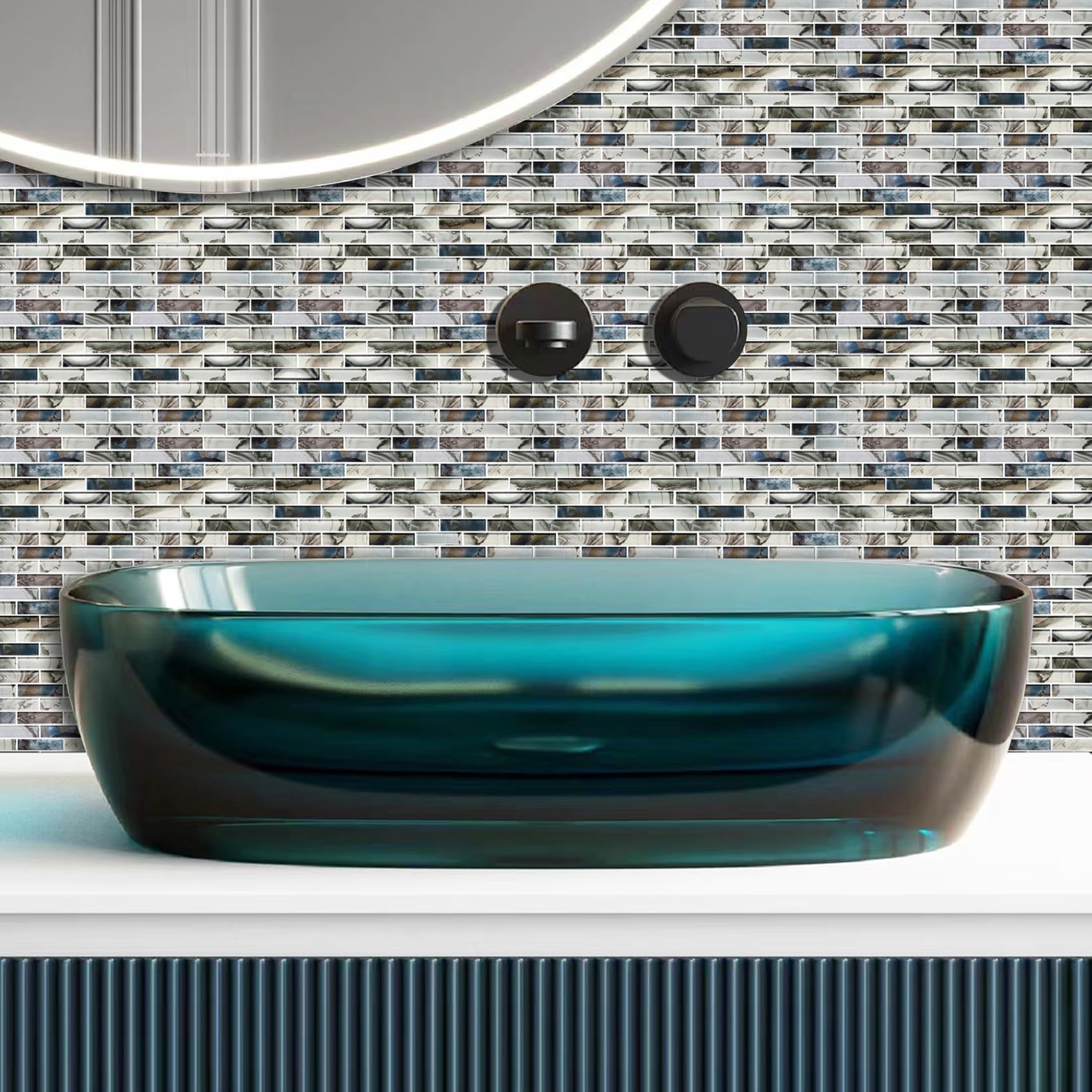 Premium Blue Grey Glass Mosaic Backsplash Tiles - Interlocking Gemstone Look Wall Tiles for Kitchen, Bathroom & Fireplace Decor (5 Sheets/Pack) - Perfect for Modern Home Renovation & DIY Projects