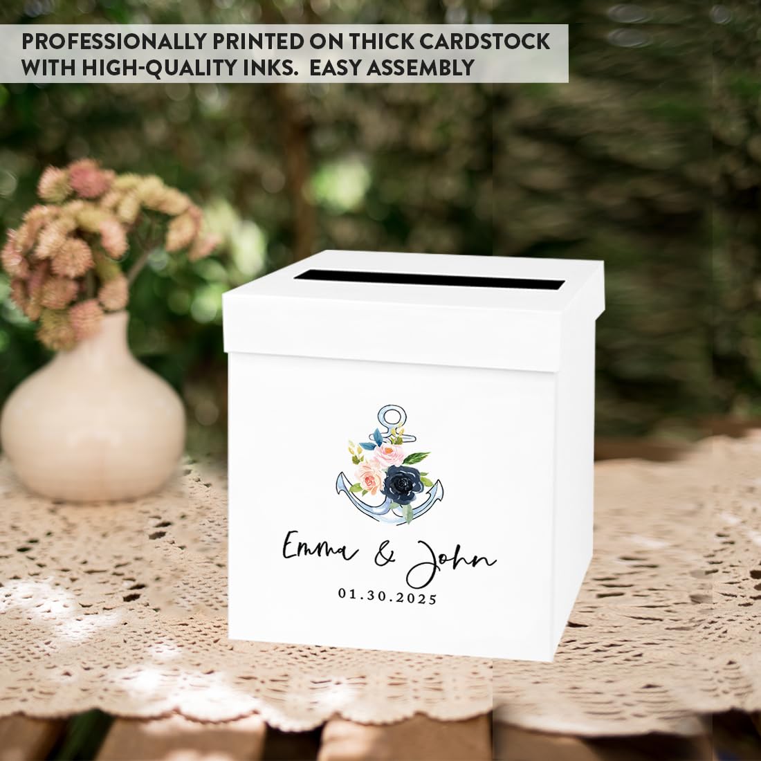 Personalized Wedding Card Box 10x10x10 - Nautical Beach Florals for Wedding Gifts & Cards