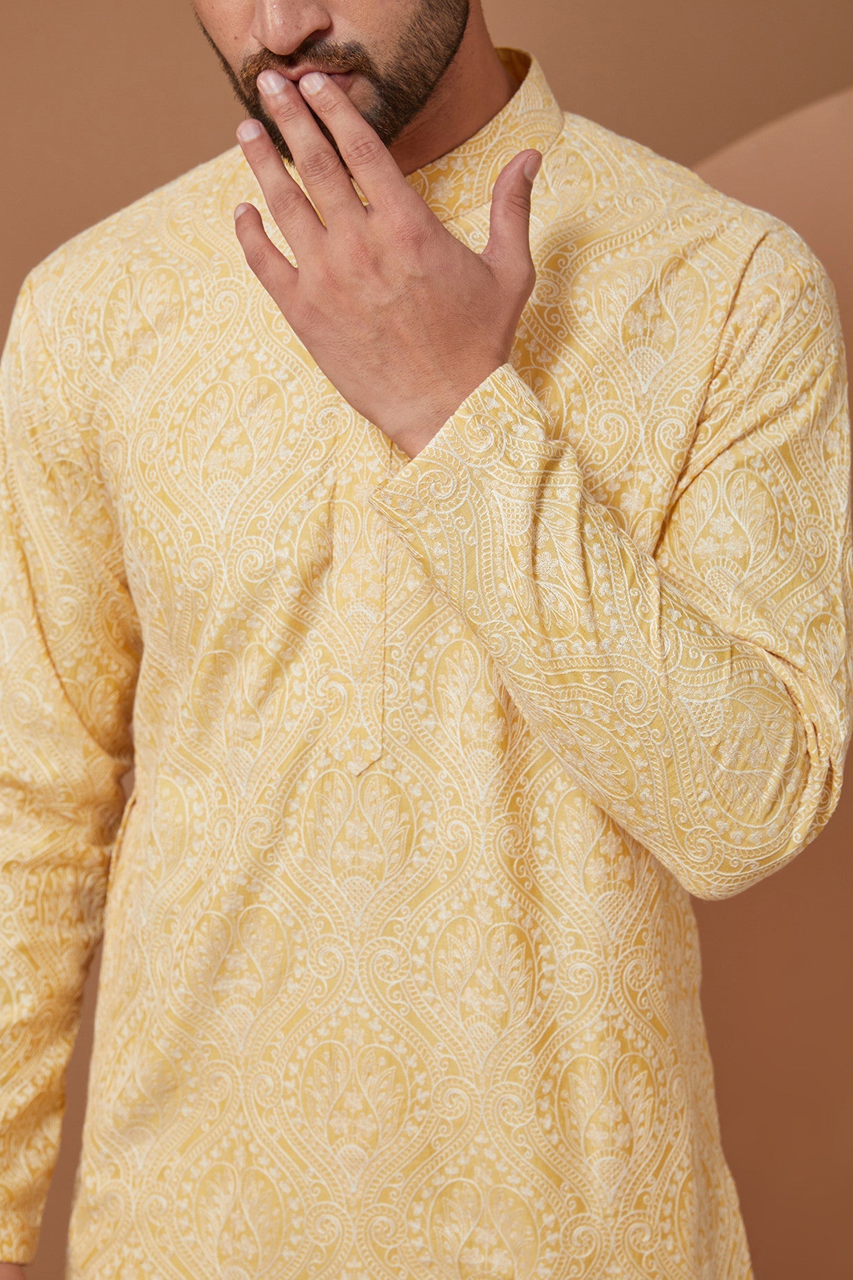 Elegant Yellow Embroidered Kurta with White Threads - Perfect for Festivals, Weddings & Ethnic Fashion
