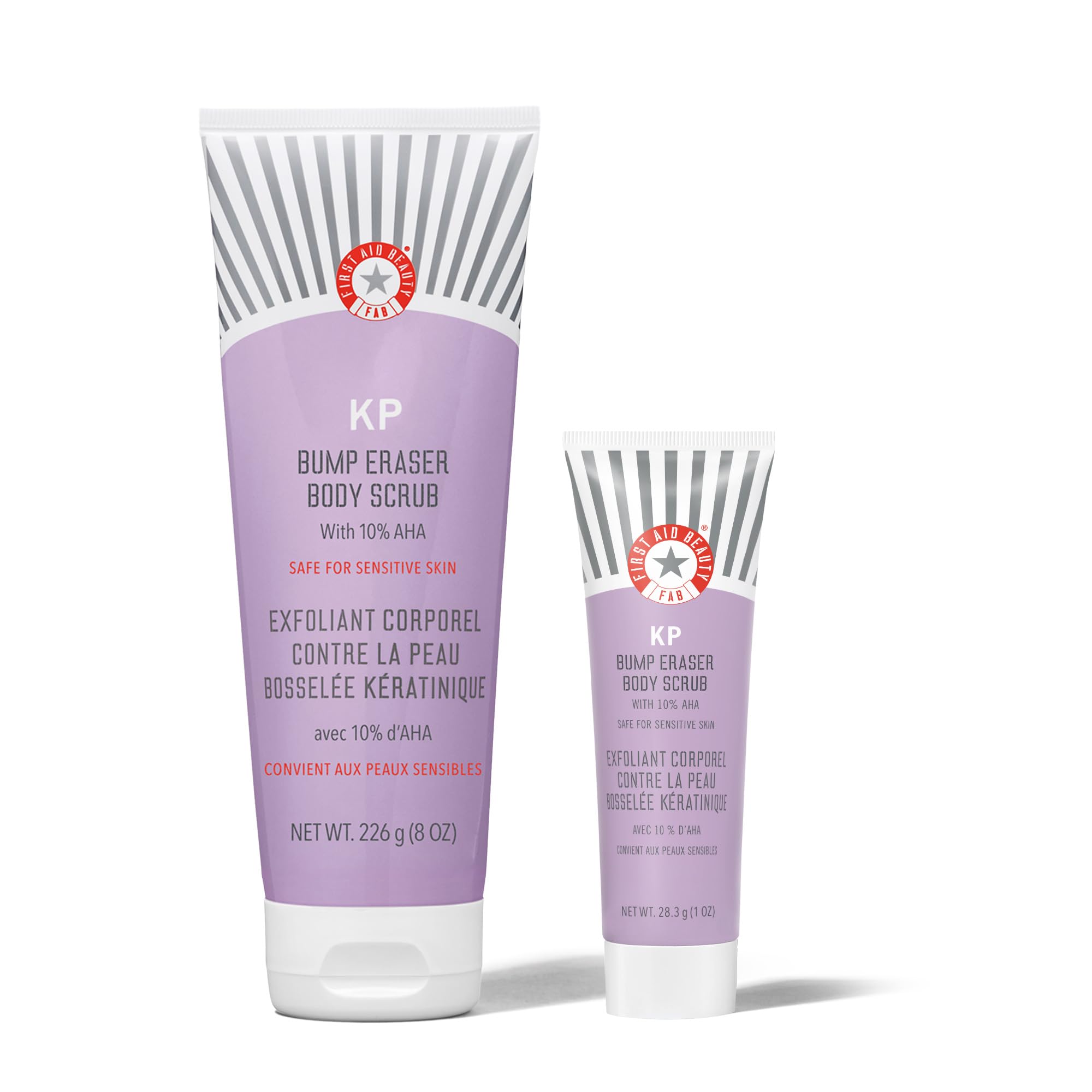 First Aid Beauty KP Bump Eraser Body Scrub - 10% AHA Exfoliator for Keratosis Pilaris with Glycolic & Lactic Acids - Reduces Chicken Skin Bumps - Gentle for Sensitive Skin - 8 oz (2-Pack + Bonus) - Perfect for Smoothing Rough Skin on Arms, Legs & Body