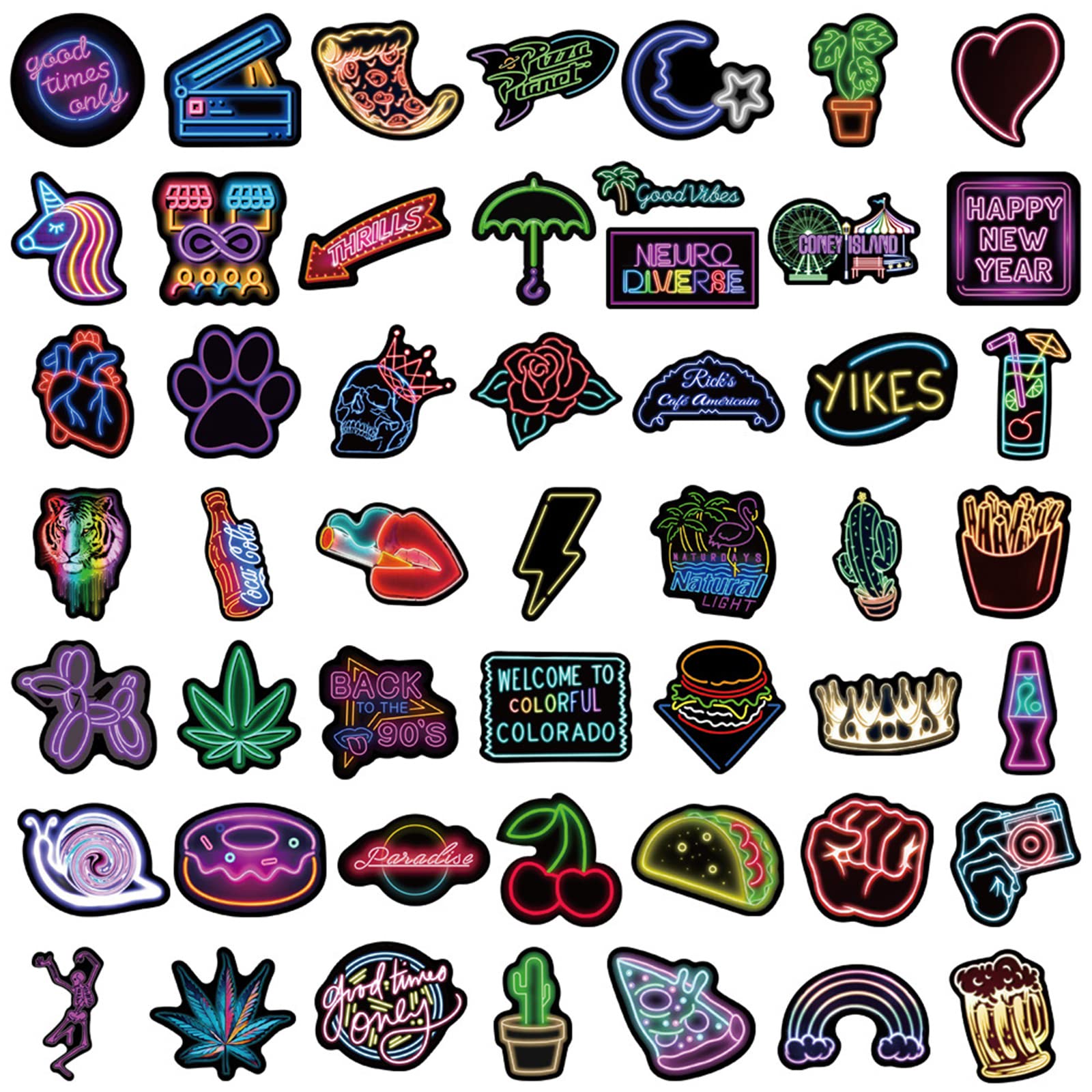 50Pcs Cool Neon Stickers Pack - Trendy Aesthetic Vinyl Decals for Water Bottles, Laptops, Skateboards & Luggage - Perfect for Kids, Teens & Adults - DIY Personalization for School, Office & Travel Accessories