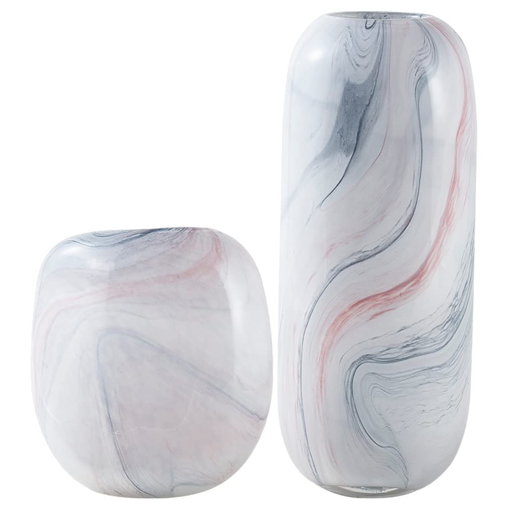 XRJ Handmade Marbled Glass Vase Set - White, Elegant Living Room & Dining Table Decor, Perfect for Coffee Table Flower Arrangements and Home Ornaments