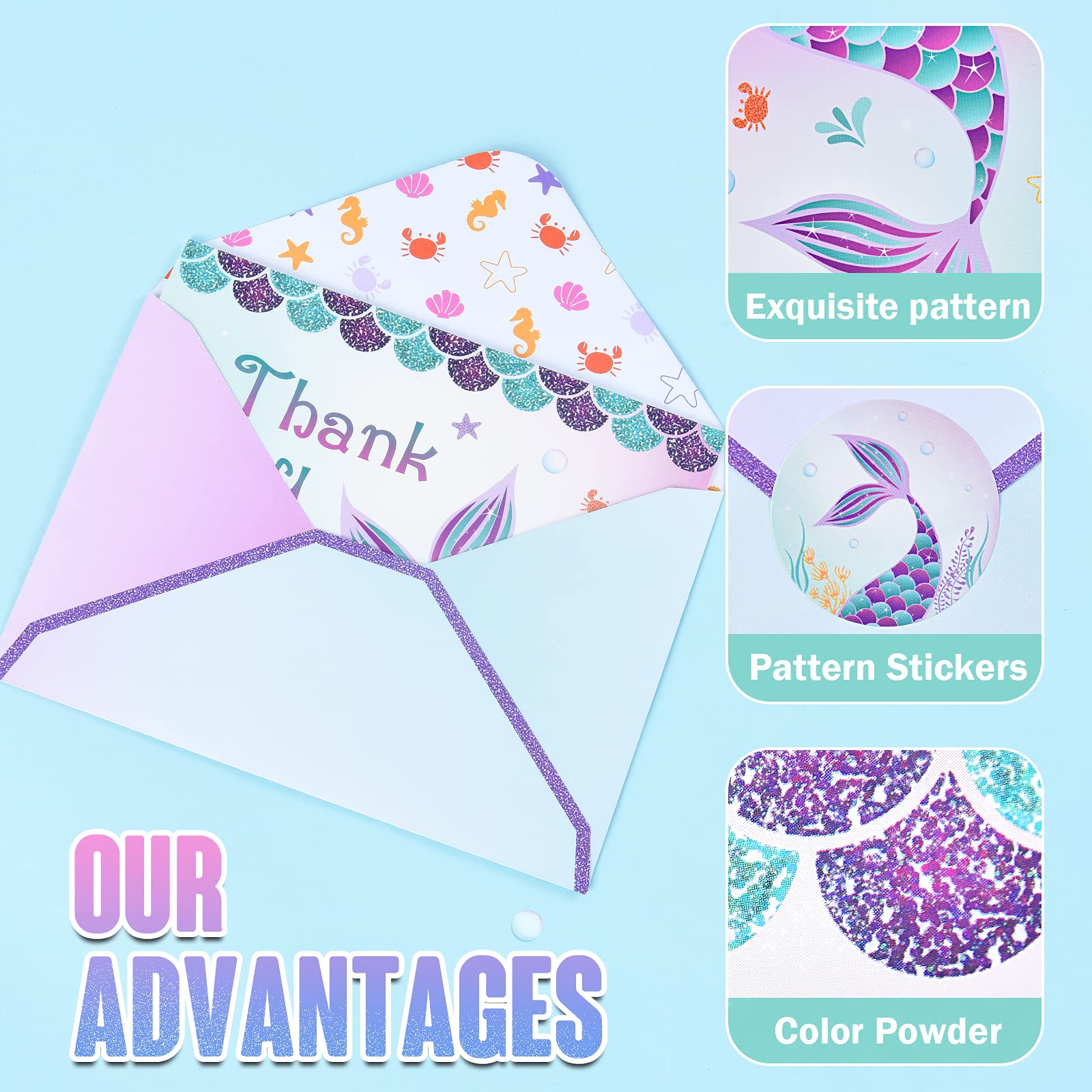 WERNNSAI Mermaid Thank You Cards - 24 Sets with Envelopes for Birthday Gifts & Party Favors