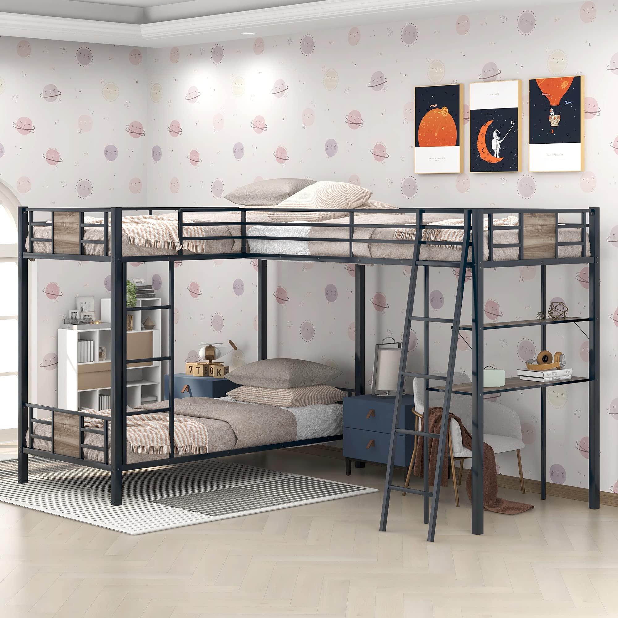 Sturdy Metal L-Shaped Triple Bunk Bed with Twin Over Twin & Loft Bed - Includes Built-in Desk & Shelves - Space-Saving 3-Tier Bunk Bed for Kids, Teens & Adults - Brown Finish - Perfect for Small Bedrooms, Dorms & Shared Kids' Rooms