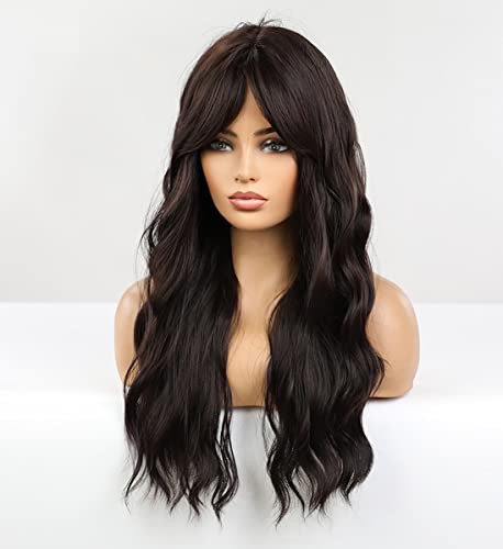 Dark Brown Wavy Wig with Blunt Bangs - Natural Looking Synthetic Hairpiece for Women | Perfect for Cosplay, Halloween Costumes & Daily Fashion Styling