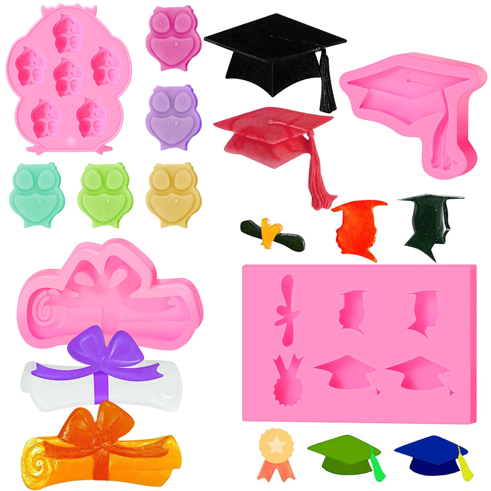 4 Pack Graduation Silicone Molds Set - Owl, Diploma Scroll & Grad Cap Candy Molds for Fondant, Cake Toppers - Perfect for Graduation Parties, Teacher Gifts & DIY Dessert Decorations