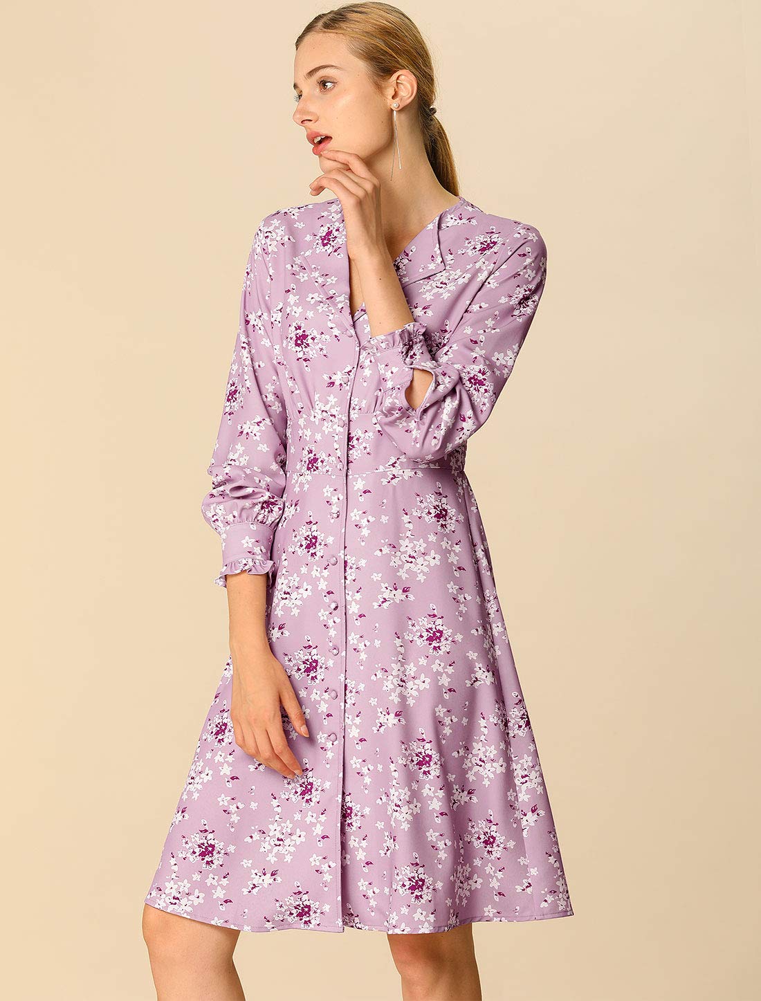Allegra K Women's Floral Smocked Waist Shirt Dress with Notch Lapel Long Sleeve for Fall | Elegant Office Wear & Casual Outings