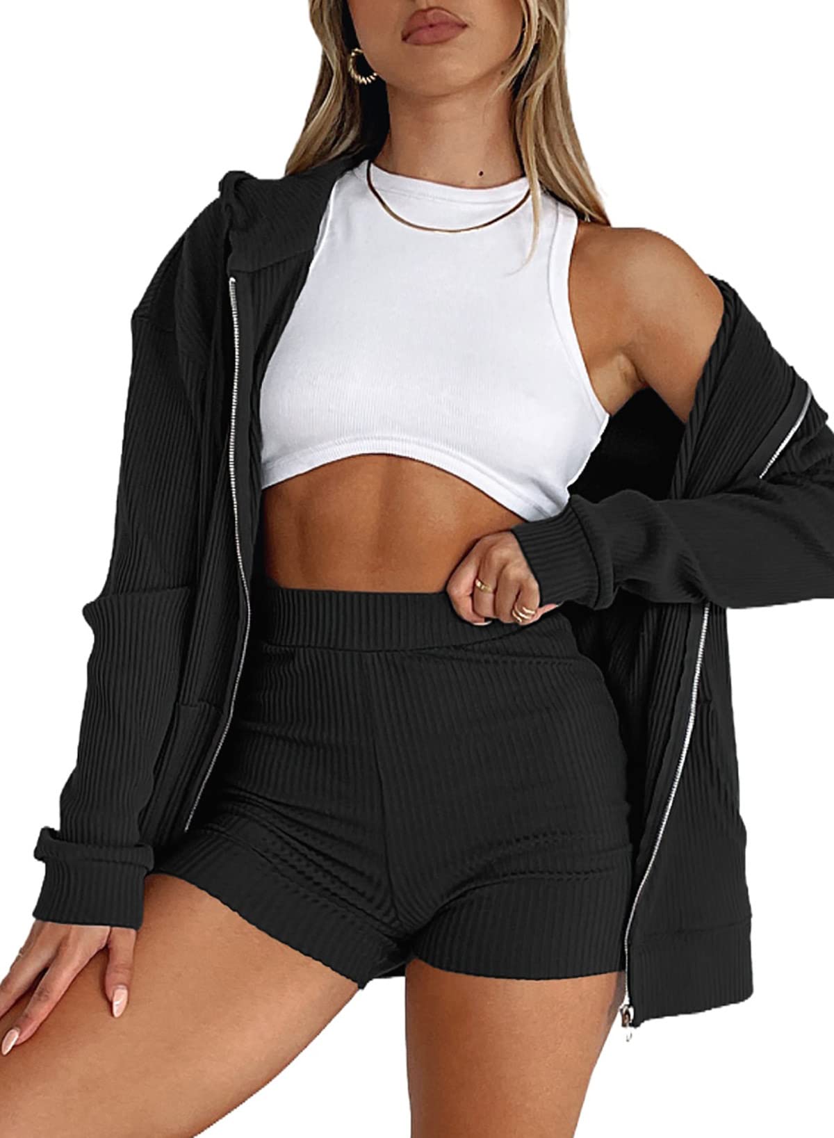 Aleumdr Women's 2 Piece Waffle Knit Lounge Set - Long Sleeve Zip Up Hoodie with Pockets & Matching Shorts - Cozy Pajama Set for Sleepwear, Loungewear, and Home Relaxation