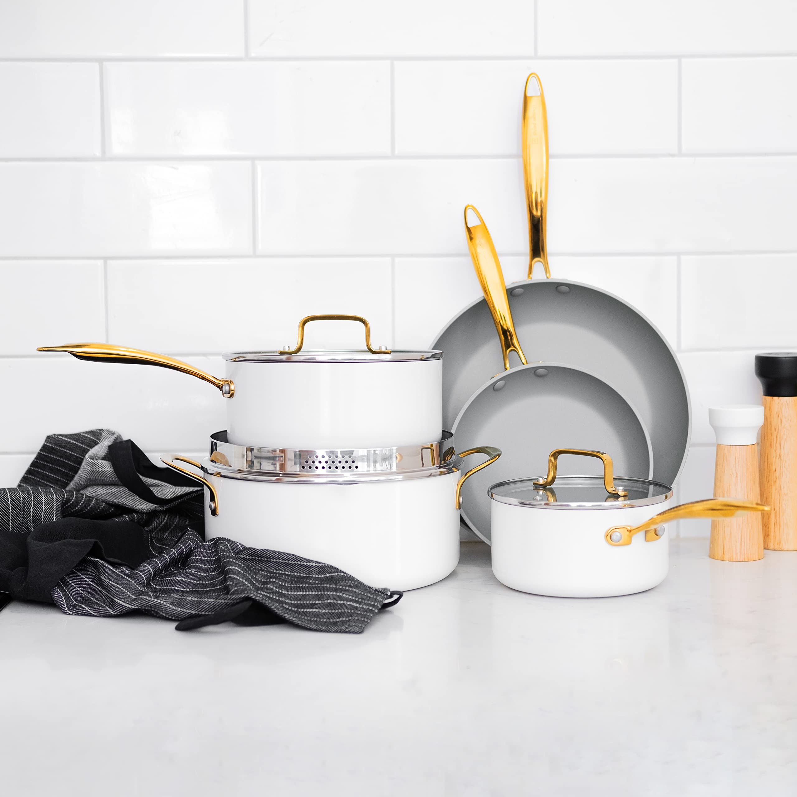 Premium 28-Piece White & Gold Nonstick Cookware Set with Stainless Steel Utensils & Measuring Cups - Perfect for Home Cooking, Baking, and Gourmet Meal Preparation
