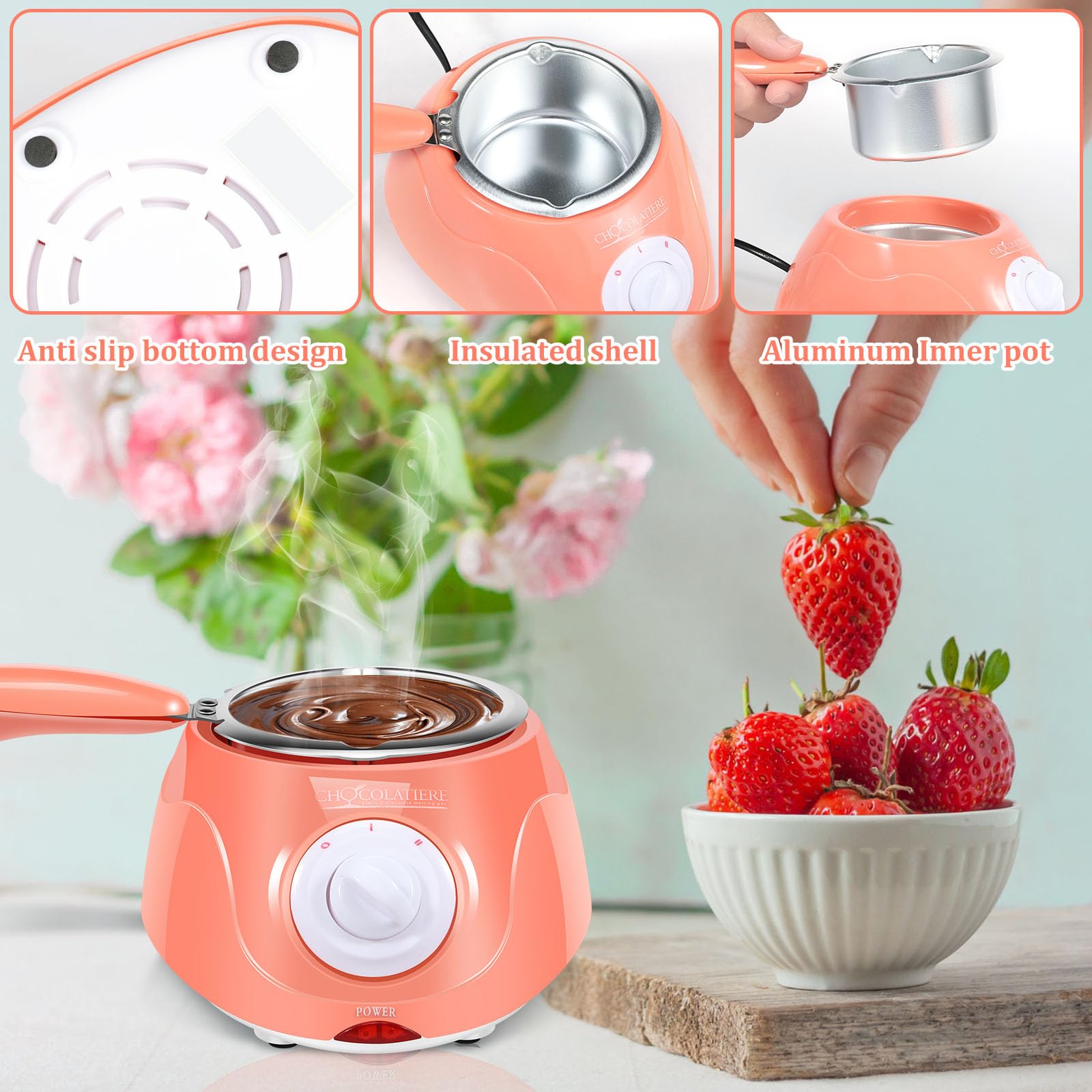 Electric Chocolate Melting Pot 250ml - 2-Speed Adjustable Temperature Chocolate Warmer & Fondue Maker for Candy, Cheese, Butter - Perfect for Home Baking, Parties & Dessert Making (Pink)