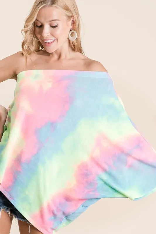 BiBi Tie Dye French Terry One Shoulder Dolman Top for Women | Trendy Asymmetrical Casual Shirt | Perfect for Summer Outfits, Beachwear & Music Festivals