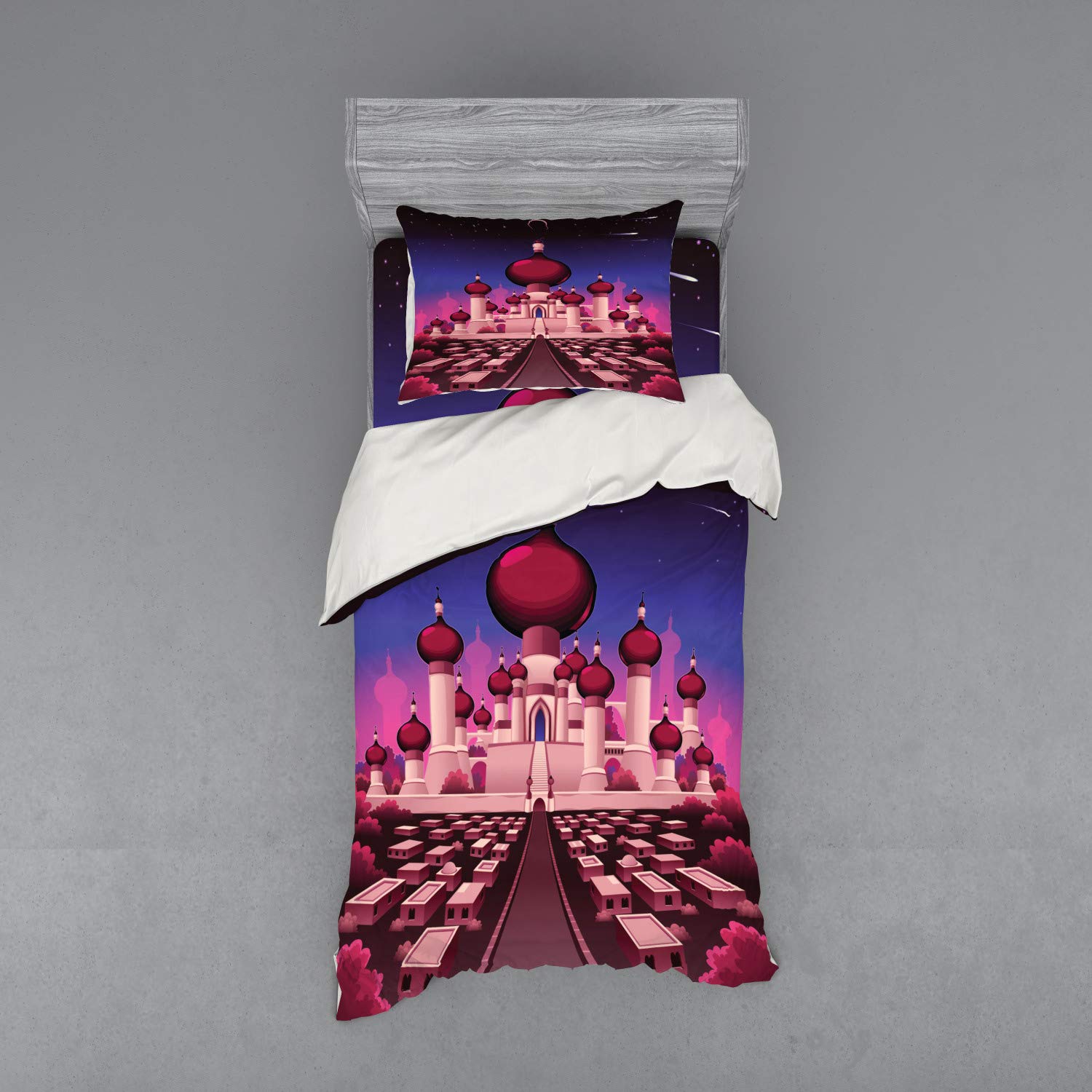 Ambesonne Fantasy Bedding Set - Castle at Night Oriental Palace Landscape Duvet Cover 3 Piece Set with Sham & Fitted Sheet, Twin XL Size, Indigo Magenta Pink - Perfect for Gothic & Medieval Themed Bedrooms, Kids Rooms & Fantasy Decor