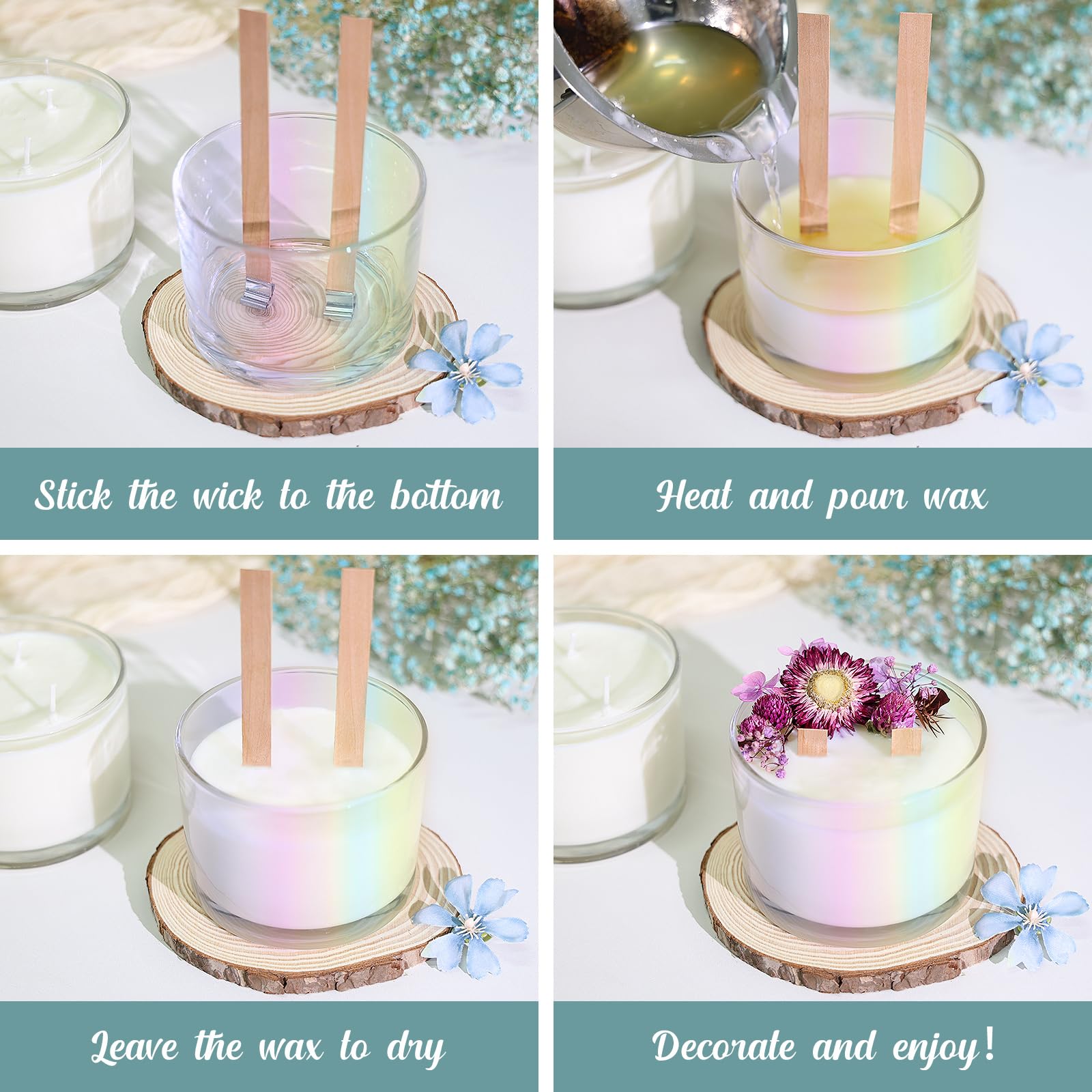 16oz 3 Wick Candle Jars 6 Pack - Large Empty Iridescent Wide Mouth Glass Containers with Bamboo Lids, Stickers & Labels | DIY Candle Making Supplies for Home Decor, Wedding Favors, Spa Relaxation & Gift Giving