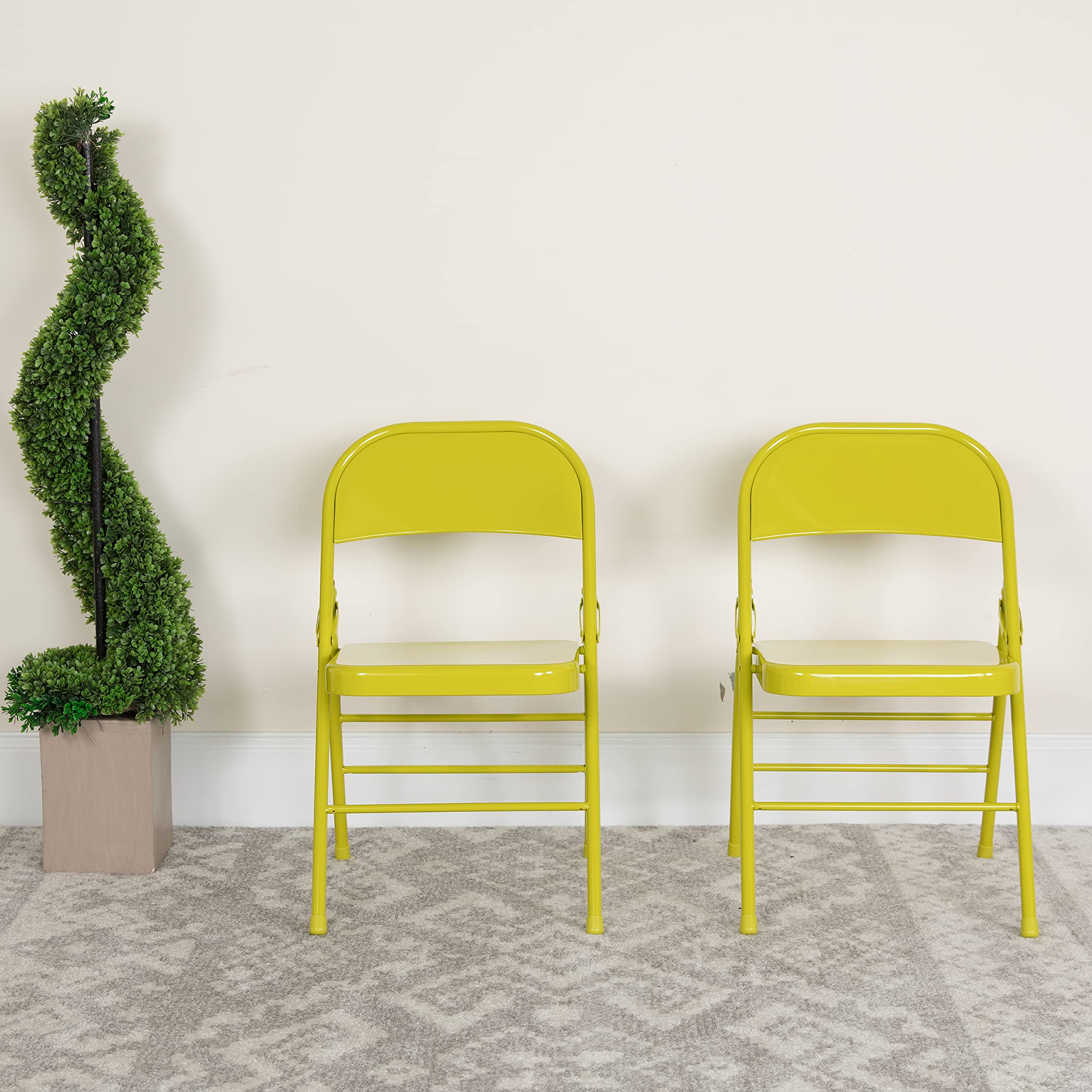 EMMA + OLIVER 2 Pack Twisted Citron Triple Braced & Double Hinged Metal Folding Chairs - Heavy Duty Outdoor & Indoor Use for Patio, Garden, Picnic, Camping, and Events