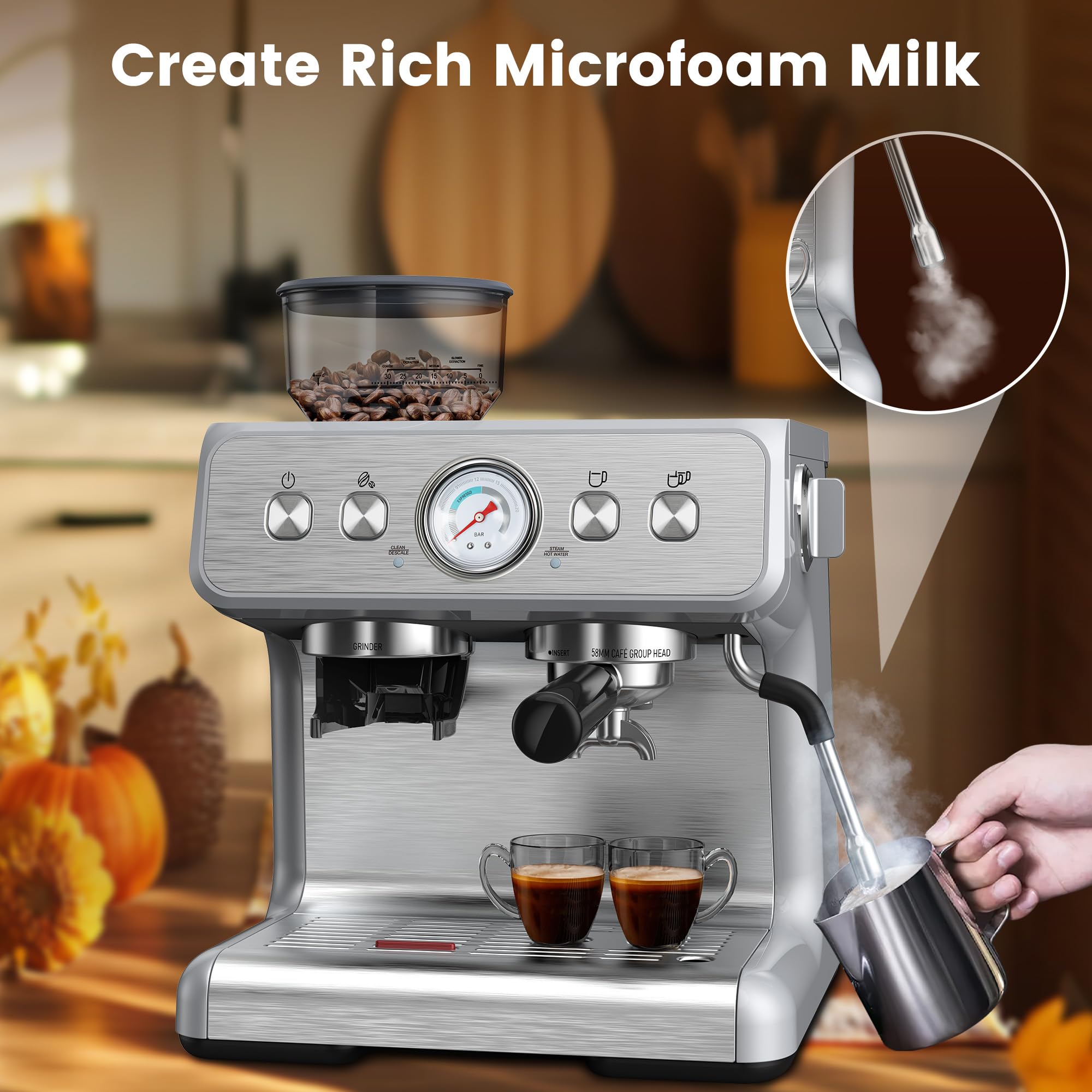 Professional 15 Bar Espresso Machine with Built-in Grinder & Milk Frother - Stainless Steel Coffee Maker with Removable Water Tank - Perfect for Home Baristas Making Cappuccino, Latte & Espresso Drinks