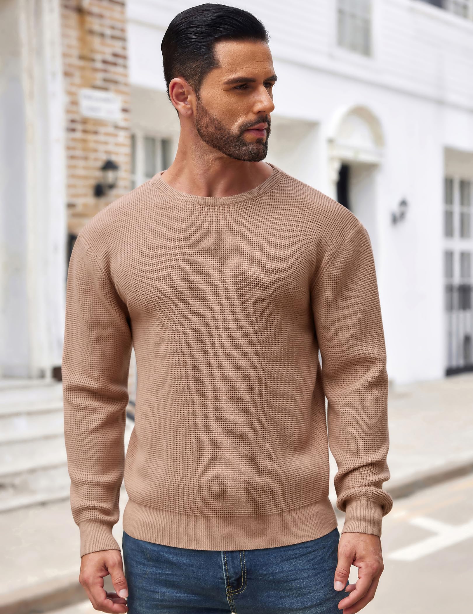 COOFANDY Men's Waffle Knit Crewneck Sweater - Soft Midweight Pullover for Casual & Layering | Fall & Winter Fashion