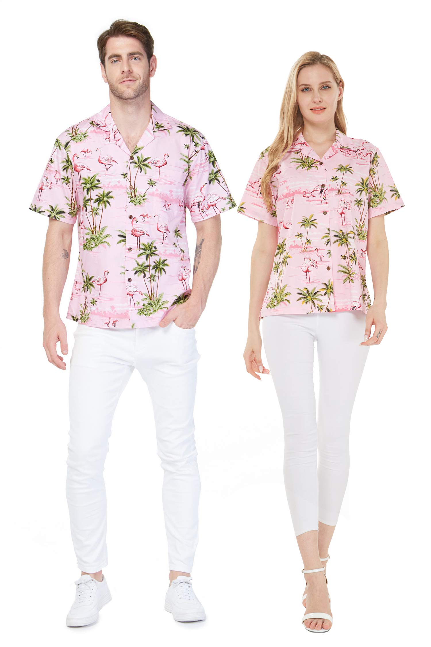 Hawaiian Couple Matching Aloha Shirts - Pink Flamingo Print Turquoise Luau Shirts for Him & Her | Beach Vacation, Summer Party, Hawaiian Theme Wedding Attire