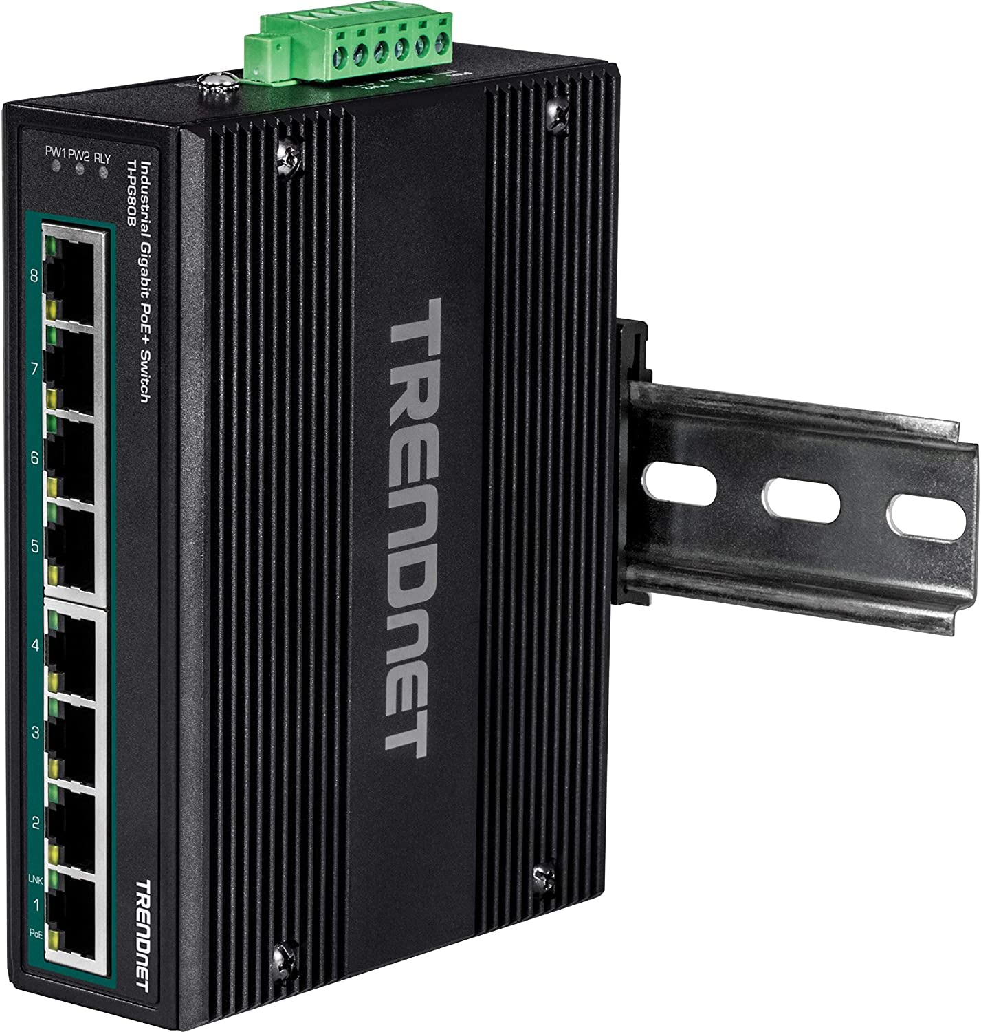 TRENDnet TI-PG80B 8-Port Industrial Gigabit PoE+ DIN-Rail Switch (24-56V) - Reliable Network Solution for Factory Automation, Security Cameras & IoT Devices