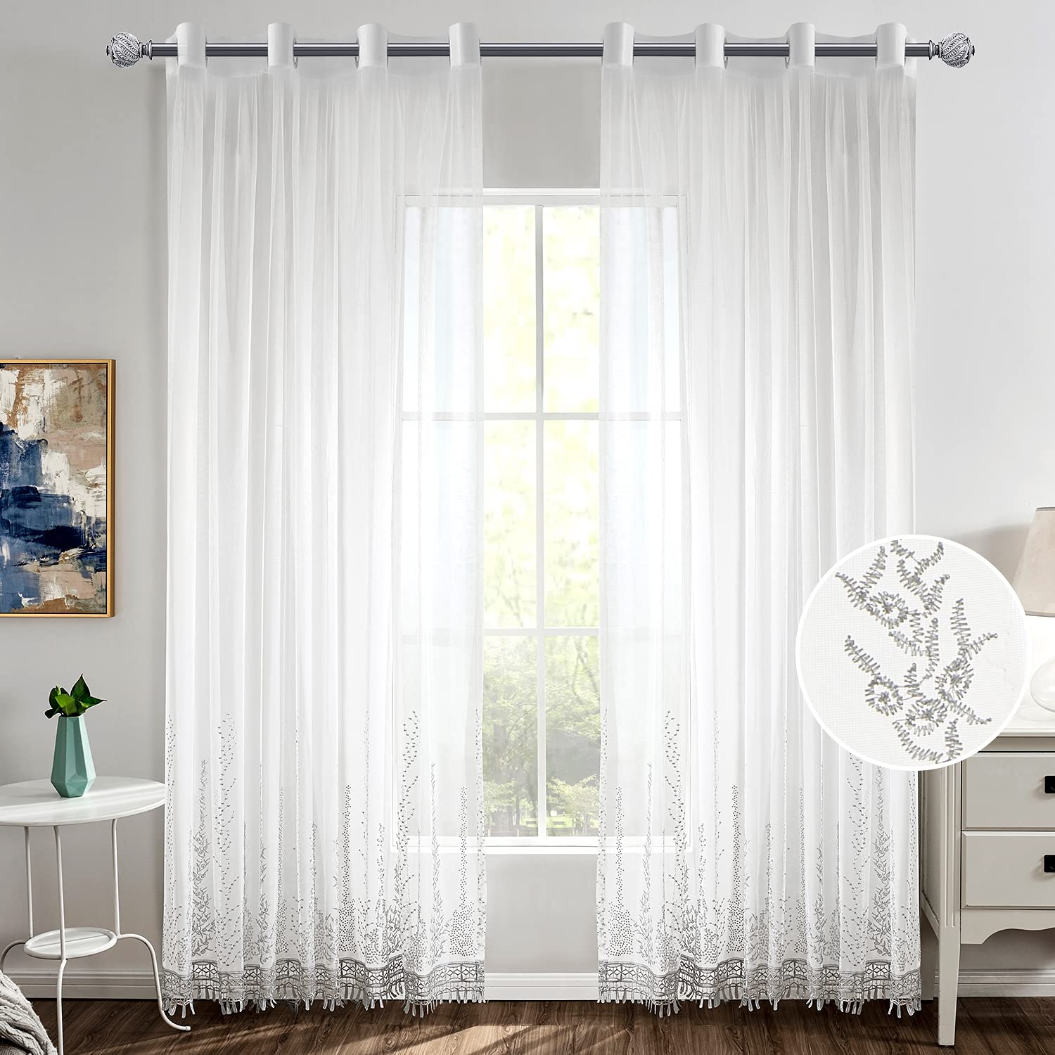 Hofamplly White Sheer Curtains 96 Inch Length - Silver Tree Branch Design Semi-Transparent Grommet Window Drapes (Set of 2 Panels, 84