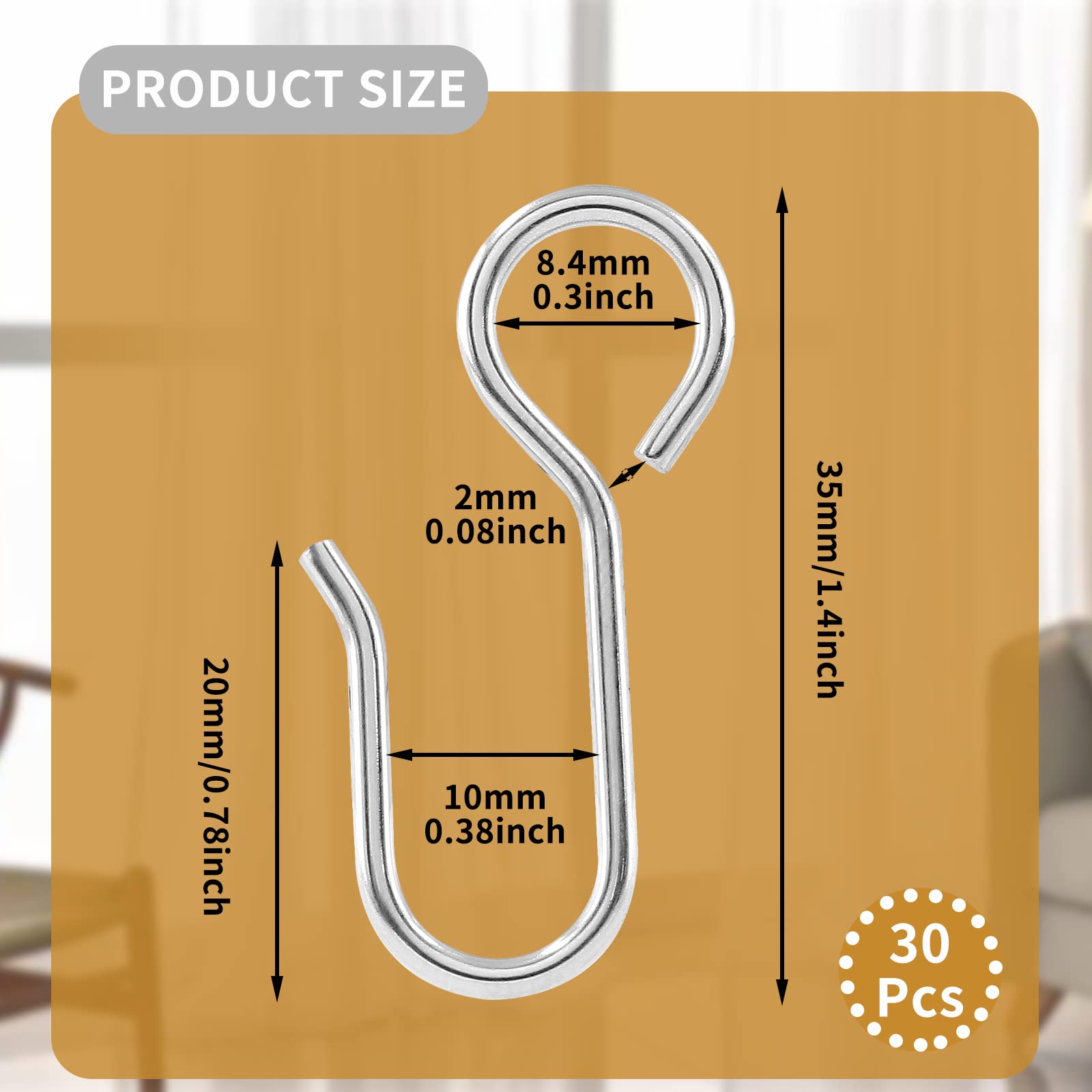 30Pcs Stainless Steel S-Shaped Curtain Track Hooks - Small Metal Drapery Hooks for Ceiling Drapes, Pin-On Curtains - Perfect for Home, Office & Hotel Window Treatments