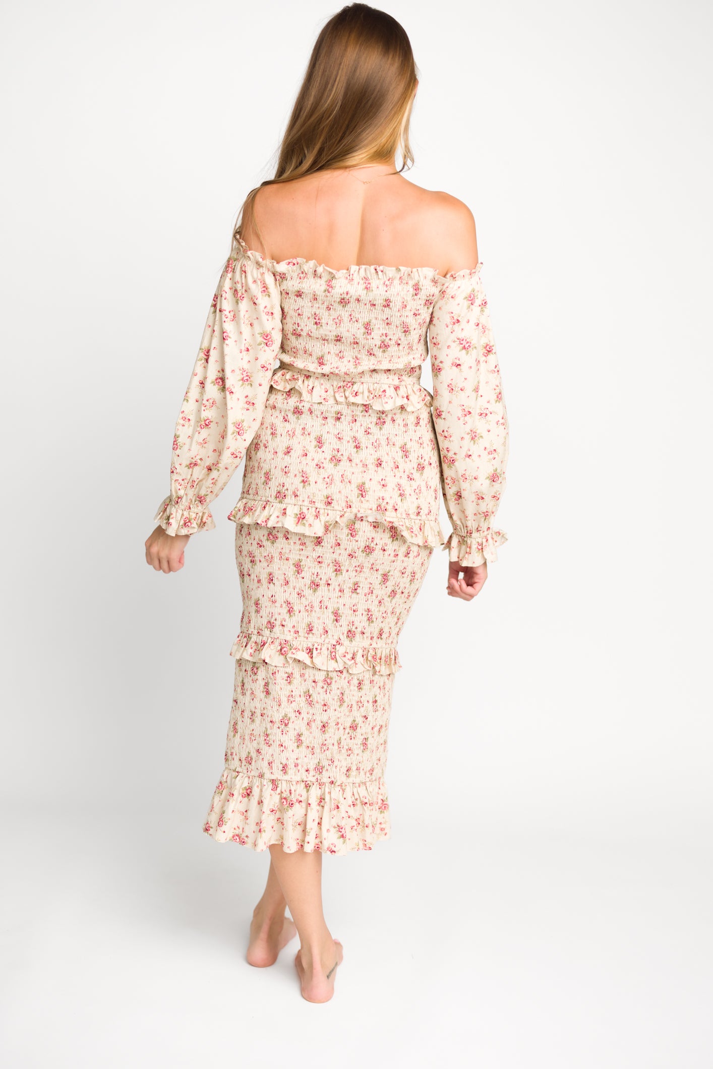 Lila Floral Printed Smocked Midi Dress in Pink - Bump Friendly Maternity Dress for Women | Perfect for Baby Showers, Bridal Events & Summer Weddings